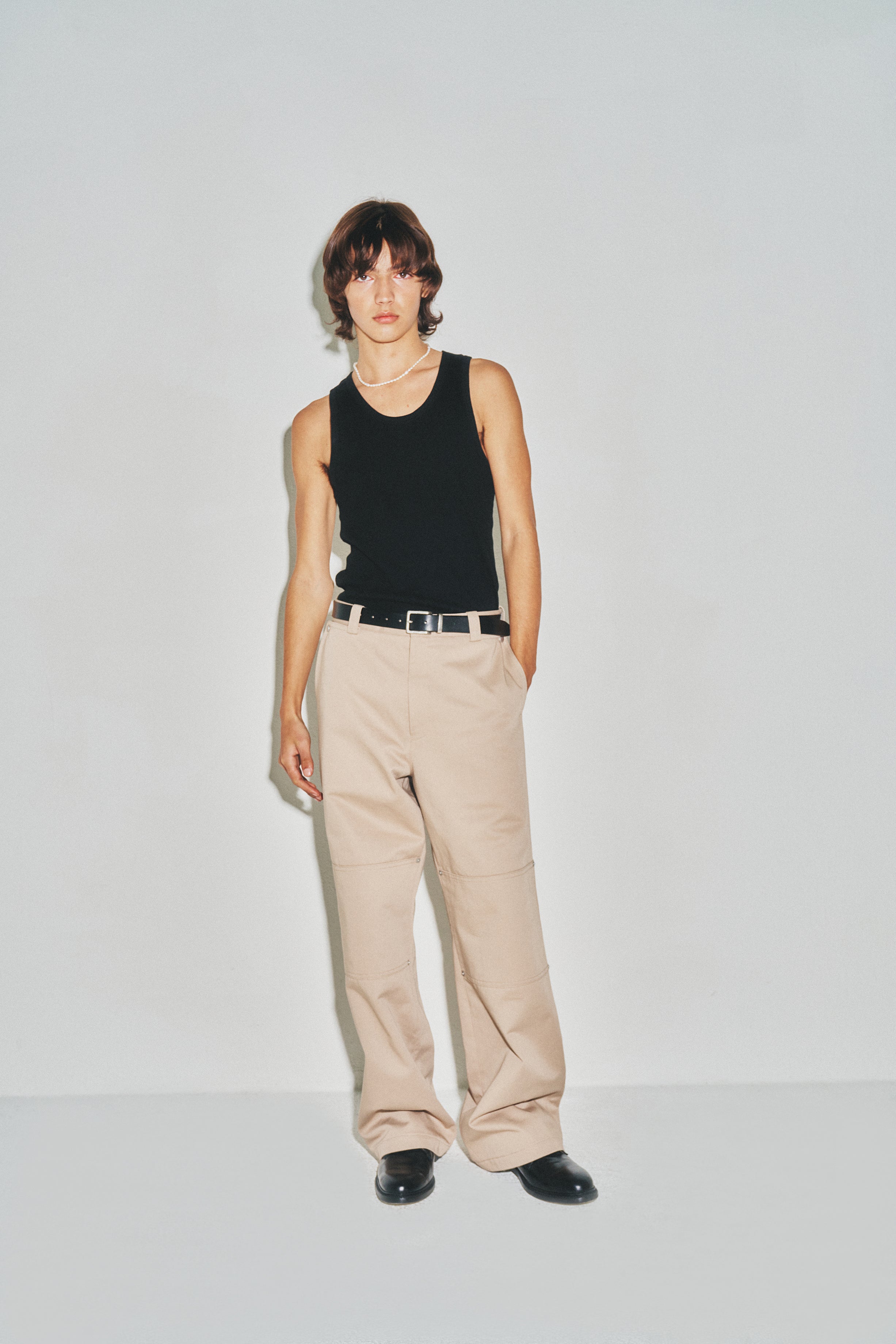 Hard Twist Semi-wide Cut Double Knee Pants_ Beige