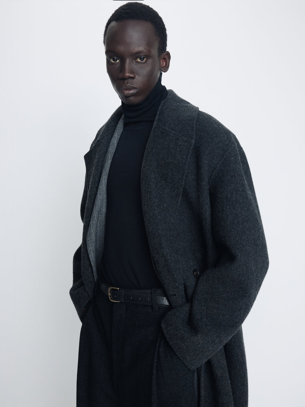 HAND-MADE WOOL BELTED DOUBLE COAT_ MELANGE CHARCOAL