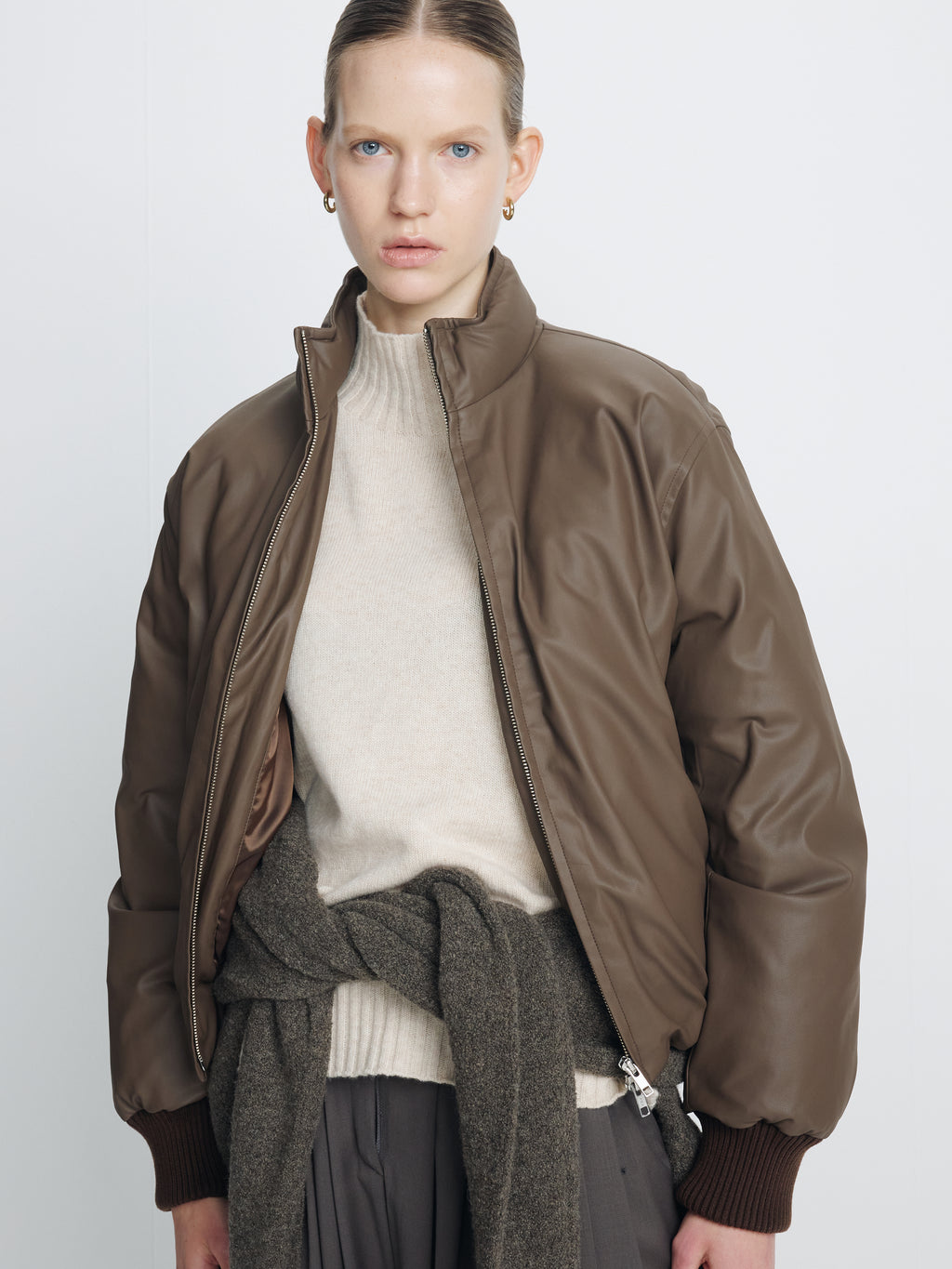 (W) CROPPED PADDED JACKET_ BROWN