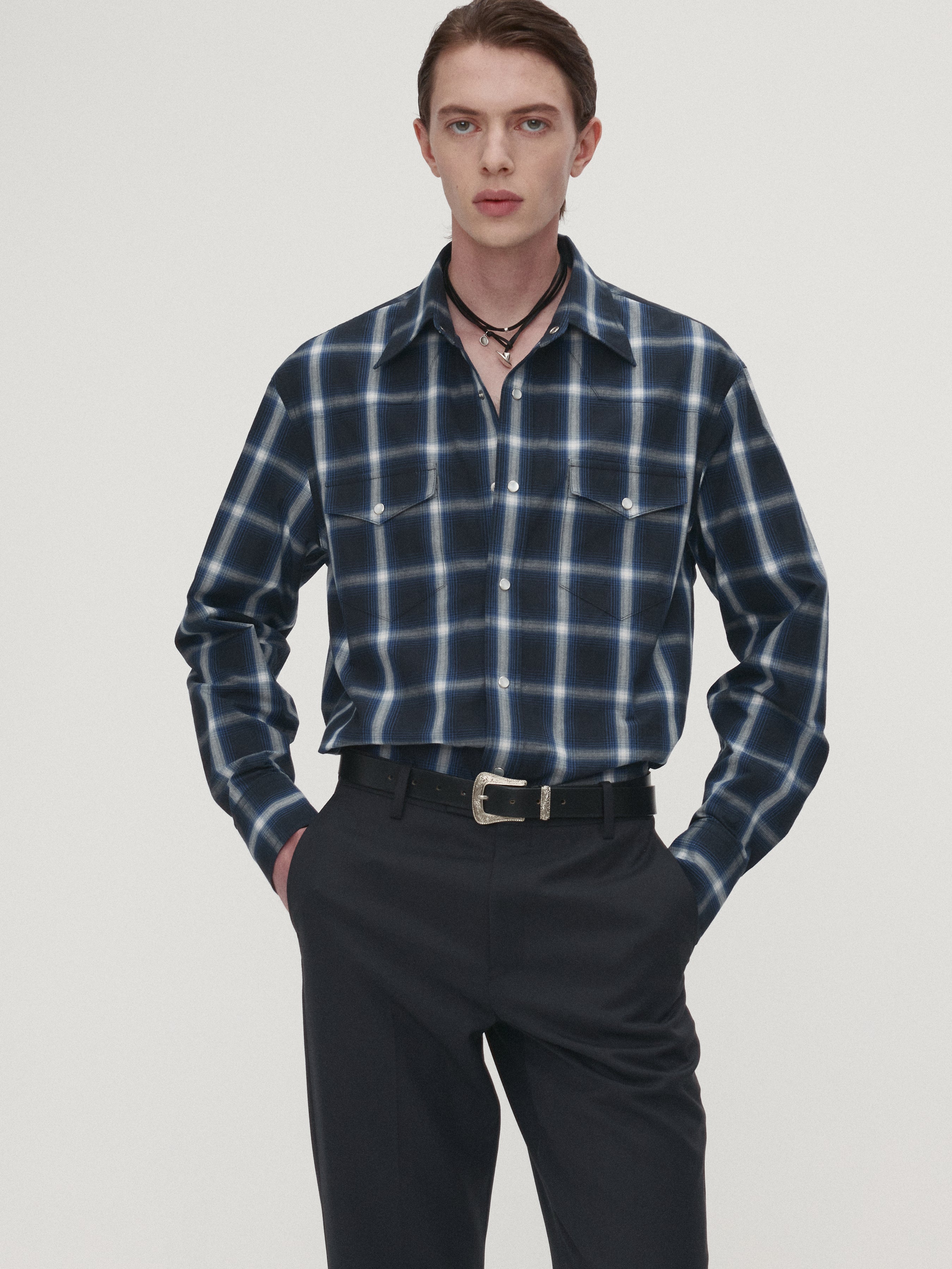 CHECKED COTTON WESTERN SHIRT (JAPANESE FABRIC)_ NAVY/WHITE