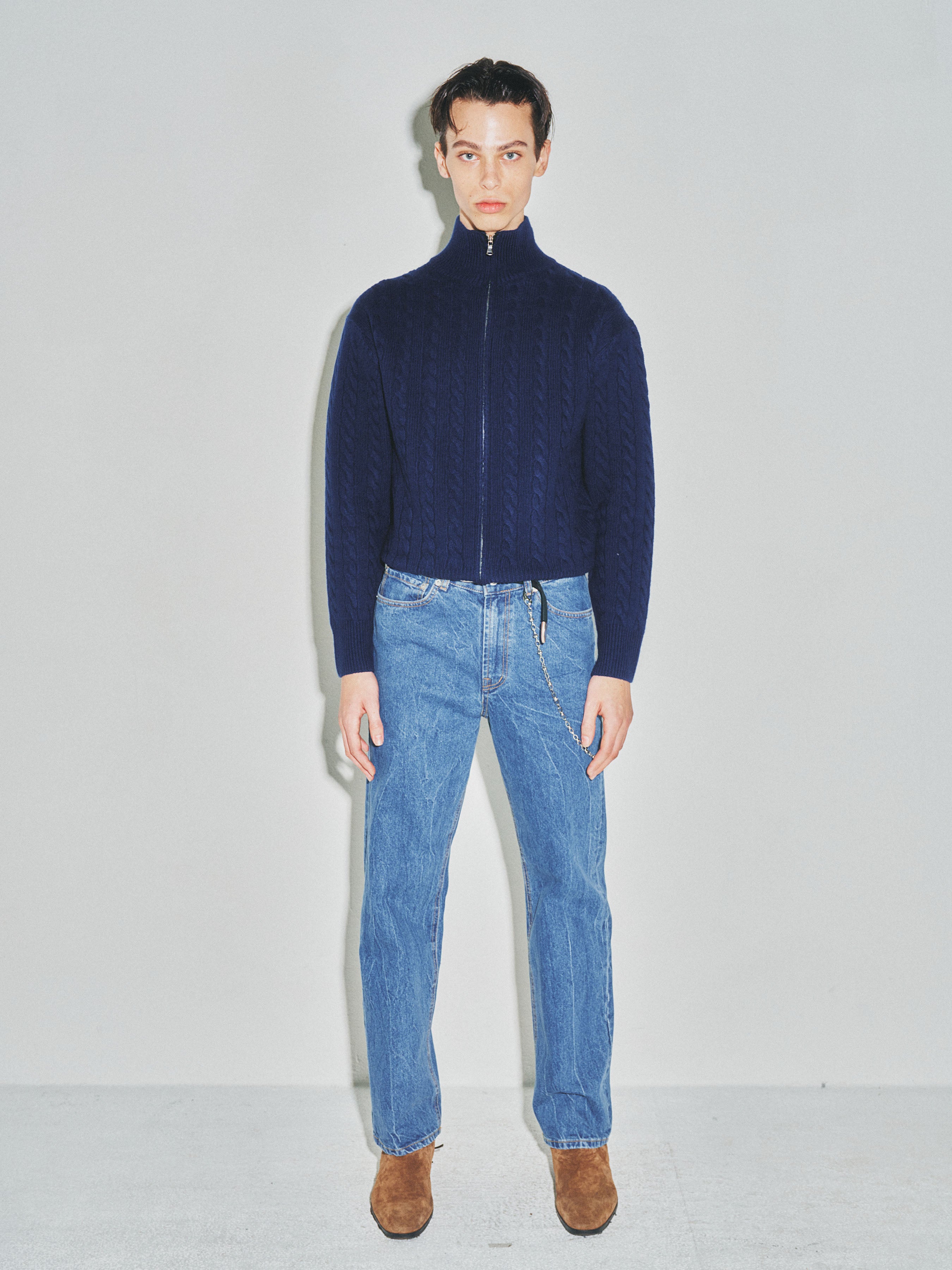 Super Fine Wool Cable Knit Zip-up_ Navy Blue