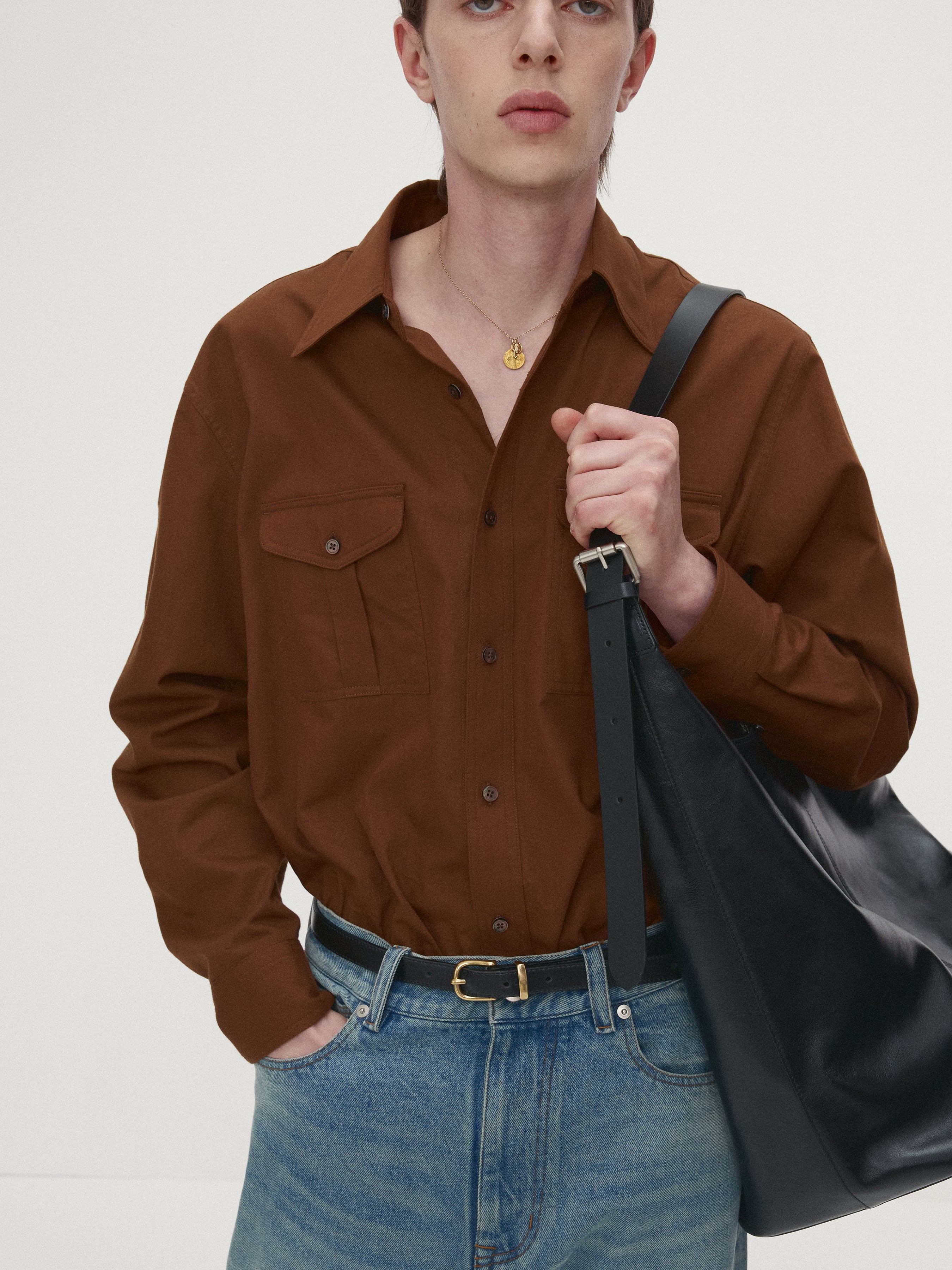 SAND-WASHED COTTON OFFICER SHIRT_ AMBER BROWN