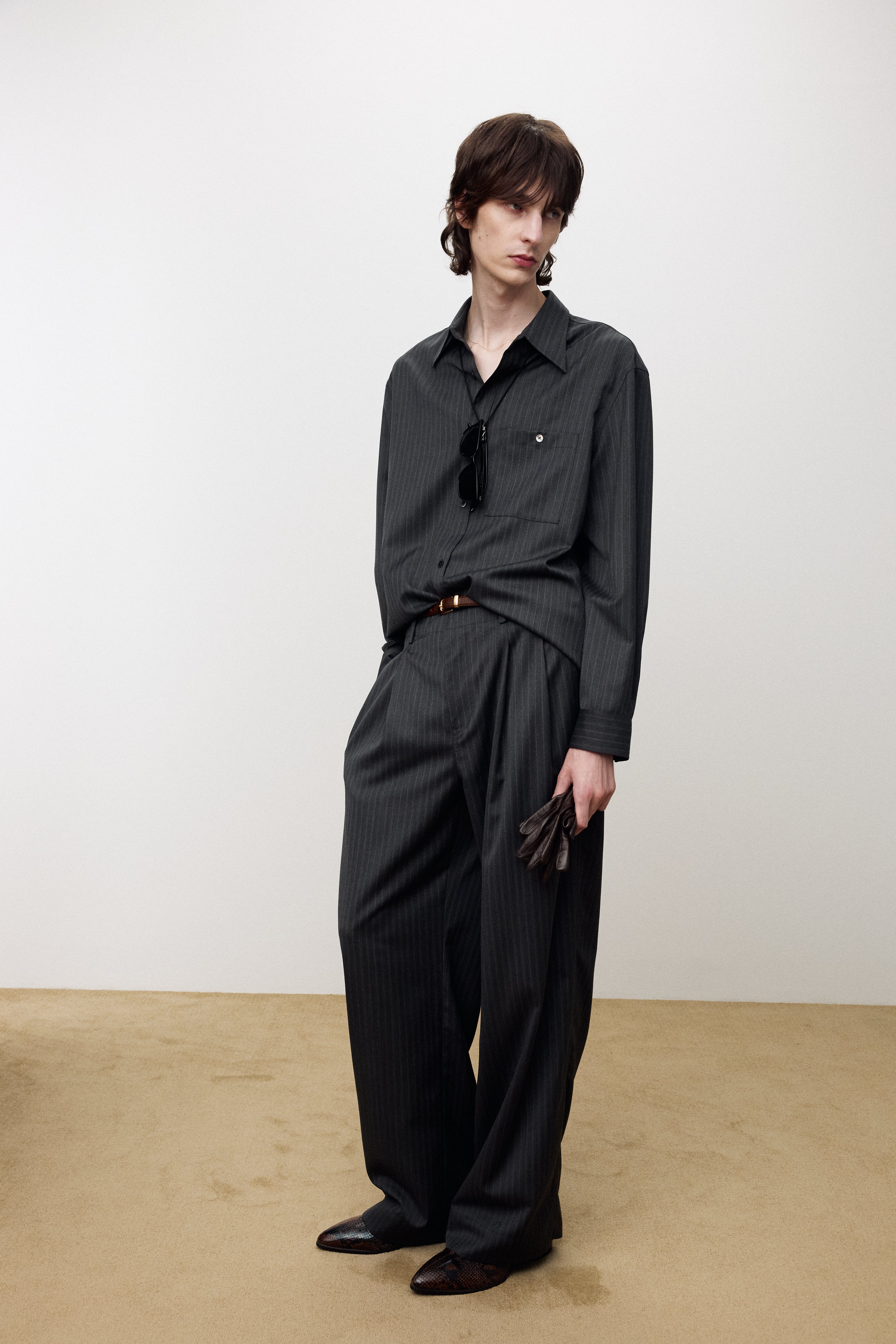 STRIPED WOOL DOUBLE-PLEATS WIDE TROUSERS_ GREY PINSTRIPE