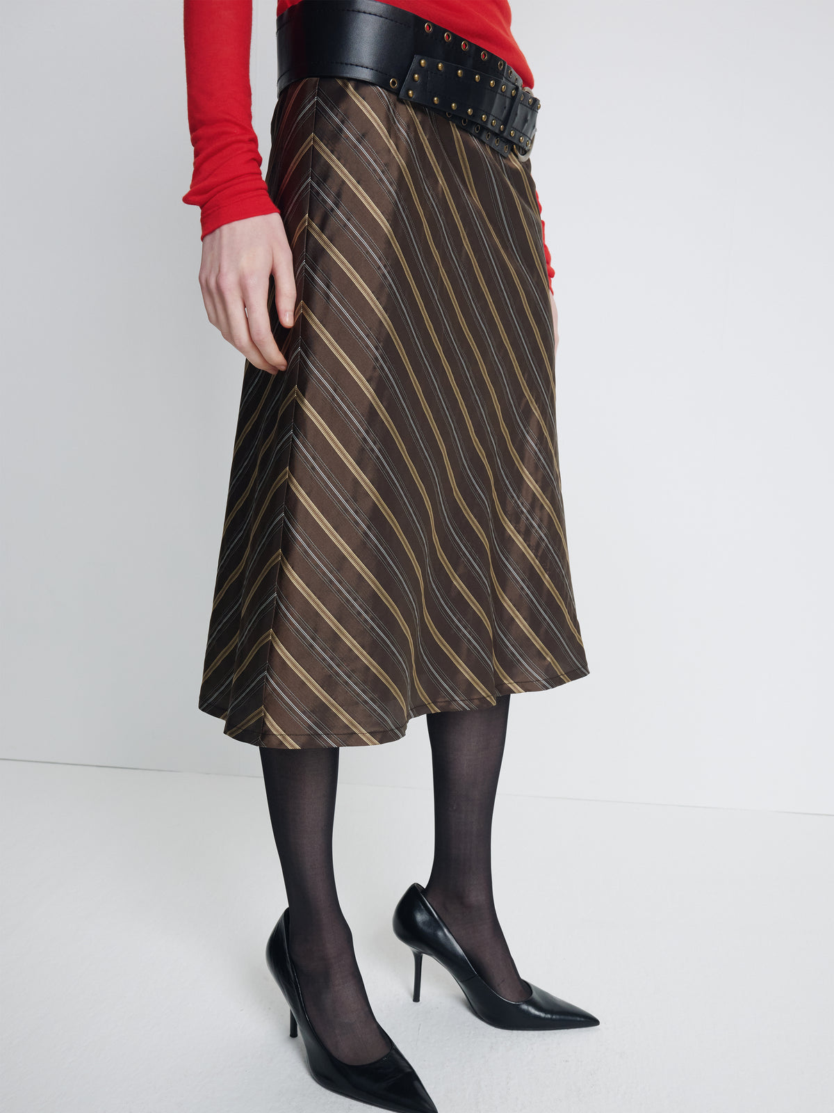 (W) SILK STRIPES MIDI-SKIRT_ BROWN STRIPE