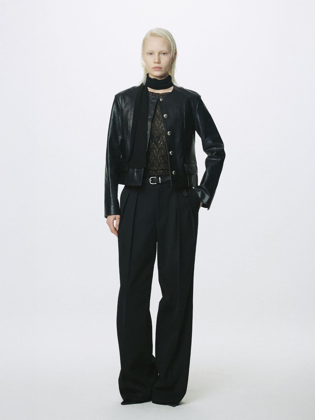 (W) BRUSHED SILVER BUCKLE BELT_ BLACK
