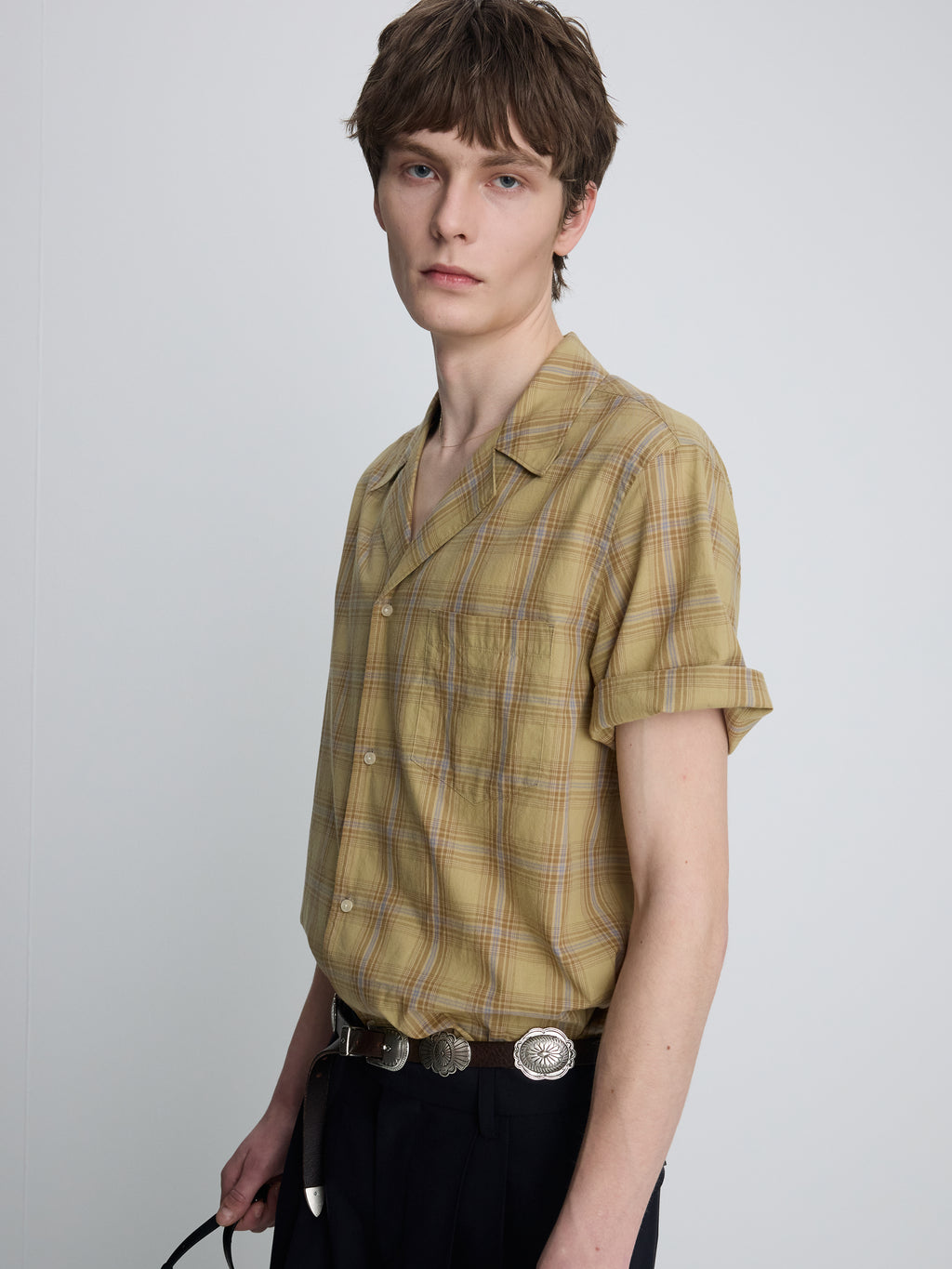 CHECKED COTTON BOWLING SHIRT_ DUSTY CITRON