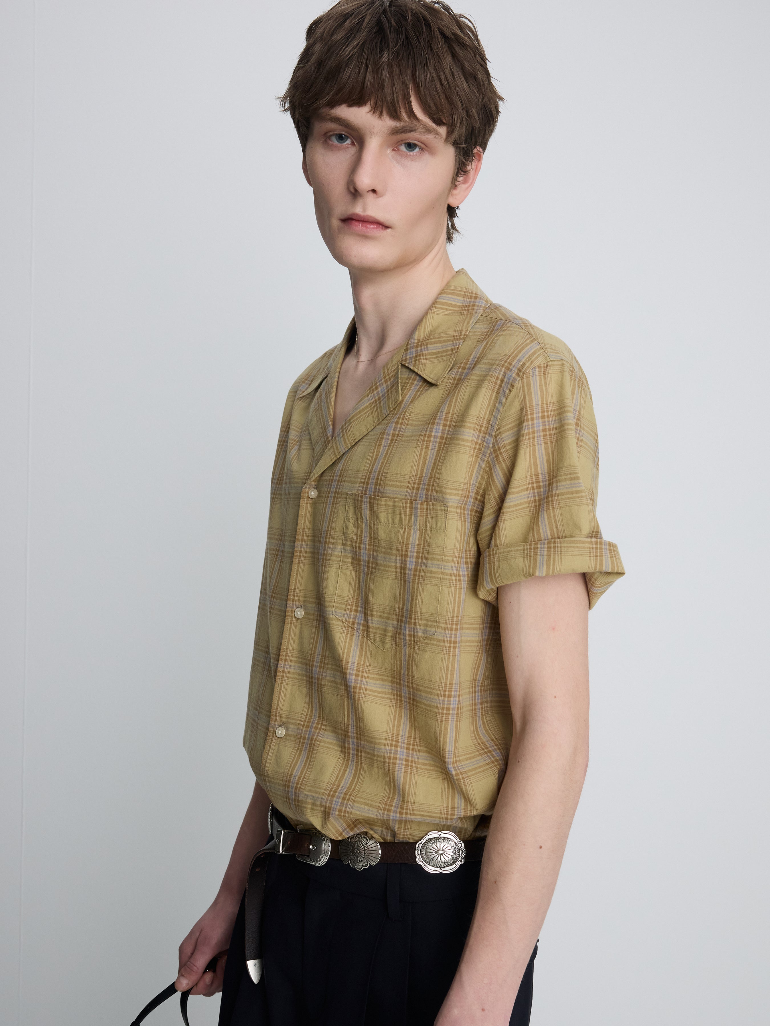 CHECKED COTTON BOWLING SHIRT_ DUSTY CITRON