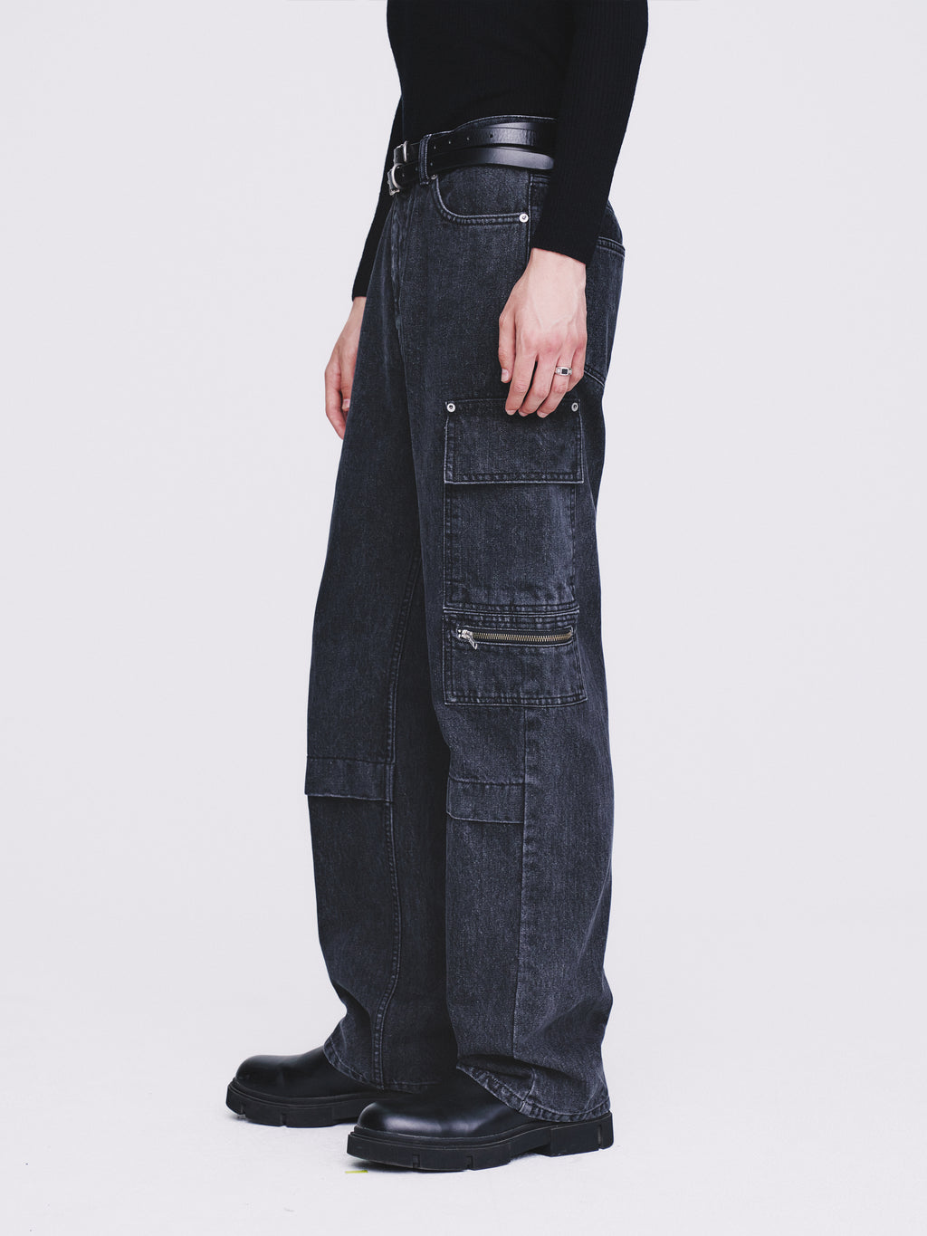 Relaxed Cut Denim Cargo Jeans_ Faded Black
