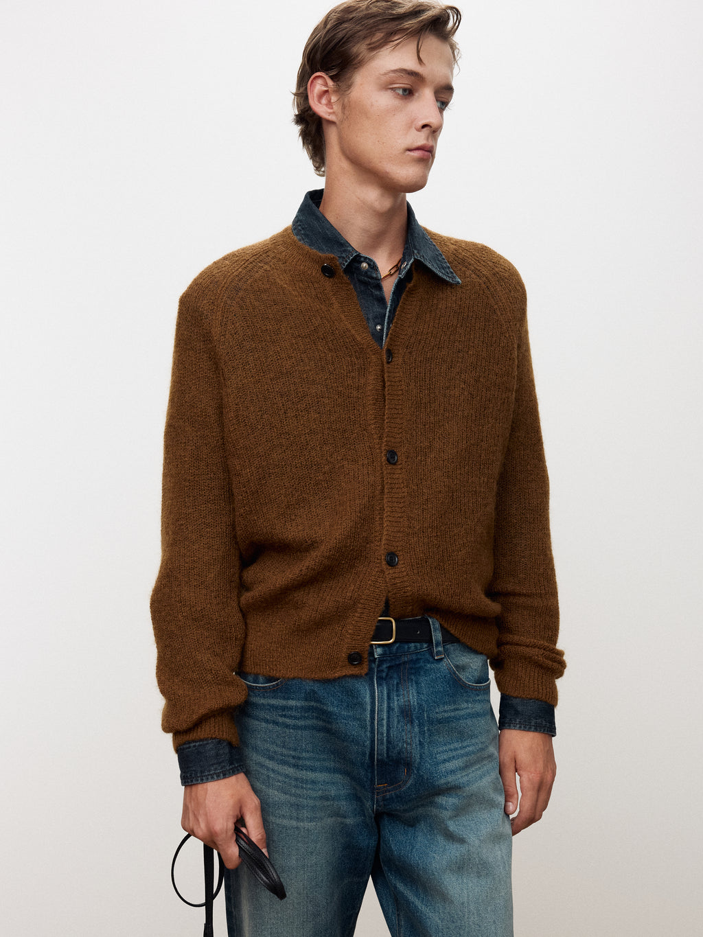 WOOL AND MOHAIR RIBBED MESH CARDIGAN_ CAMEL