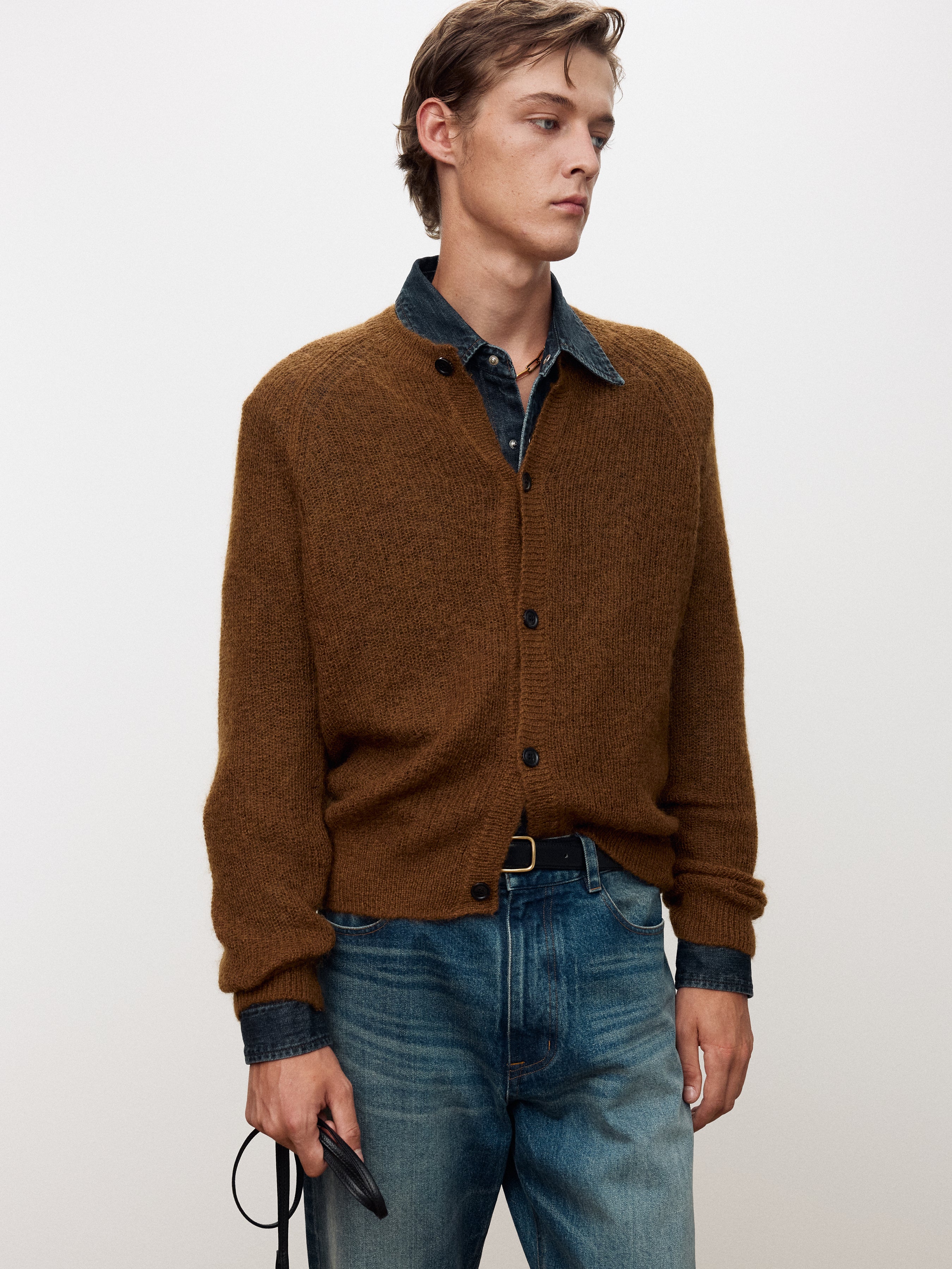 WOOL AND MOHAIR RIBBED MESH CARDIGAN_ CAMEL