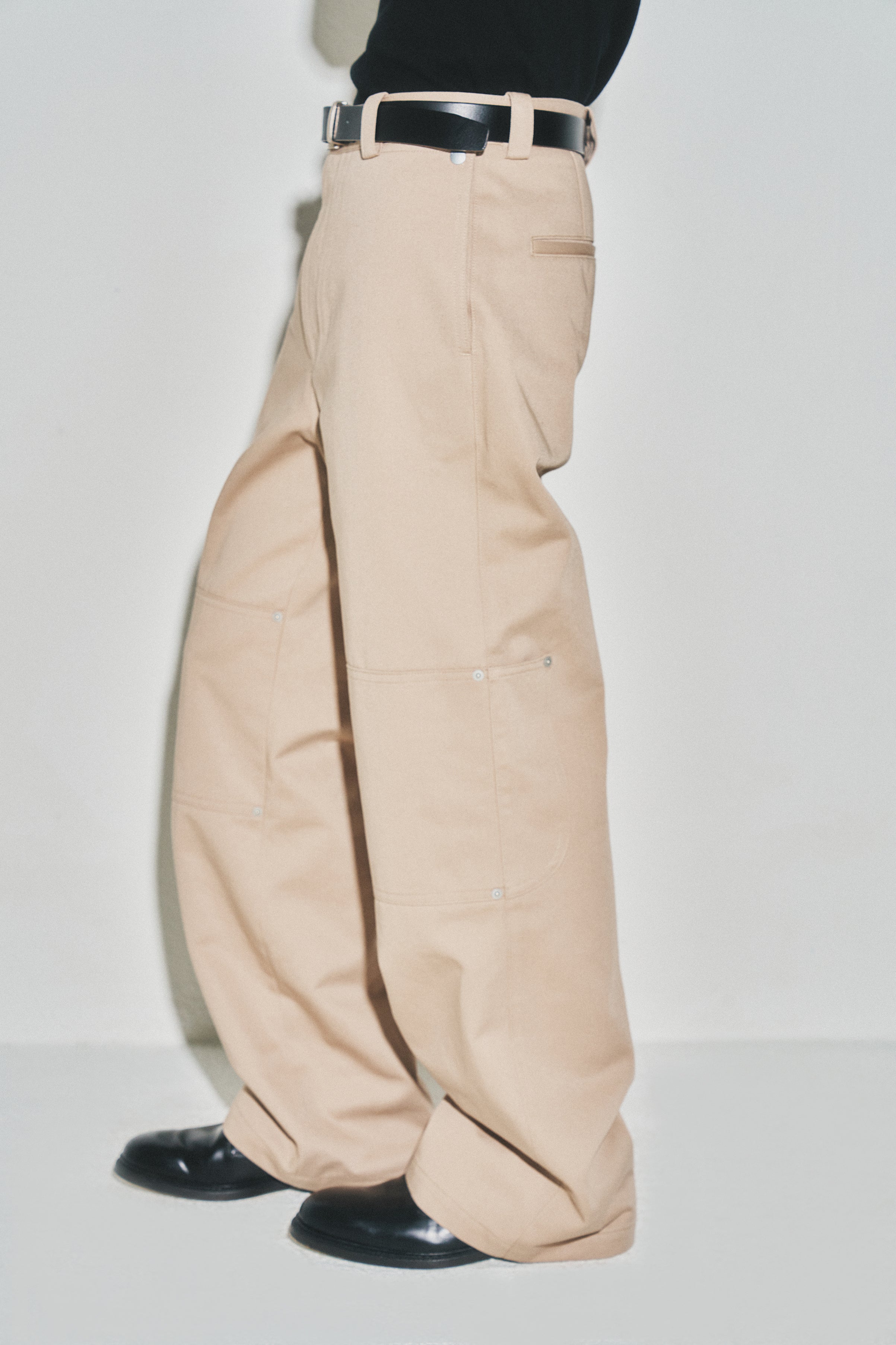 Hard Twist Semi-wide Cut Double Knee Pants_ Beige