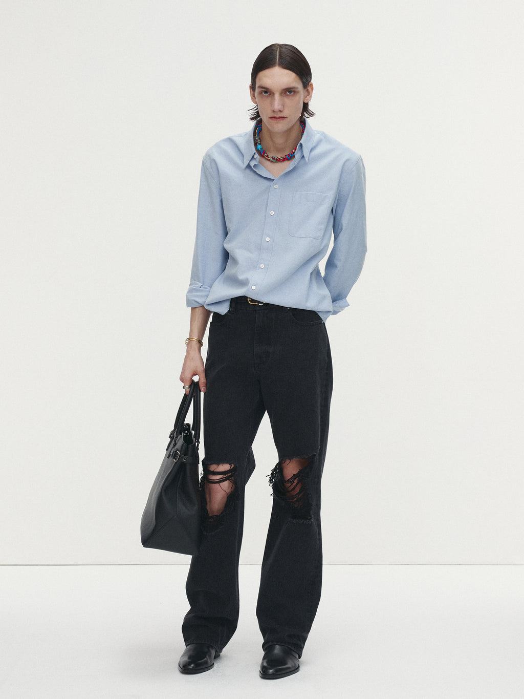 COTTON LYOCELL DISTRESSED OXFORD SHIRT_ SKY BLUE