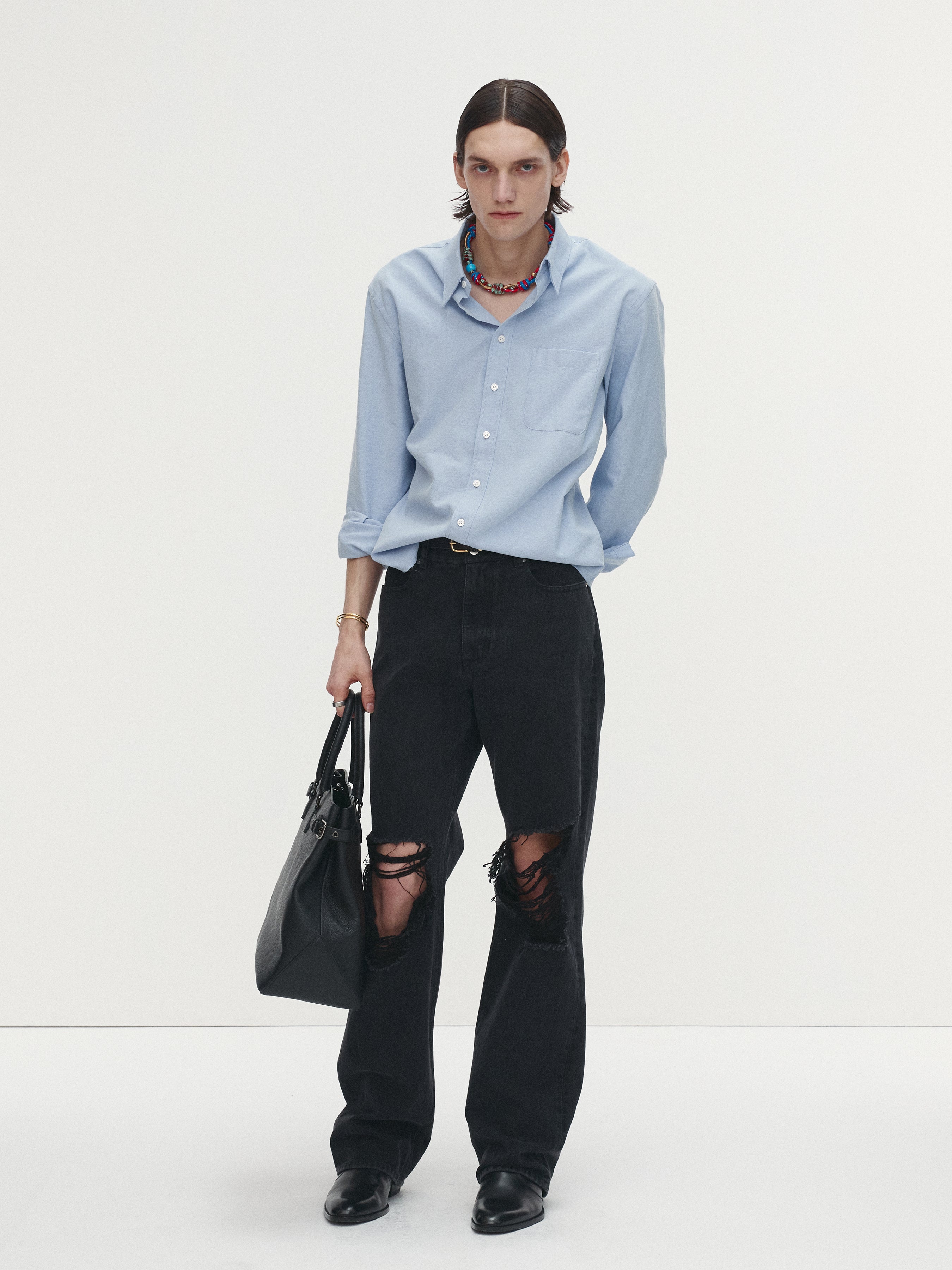 COTTON LYOCELL DISTRESSED OXFORD SHIRT_ SKY BLUE