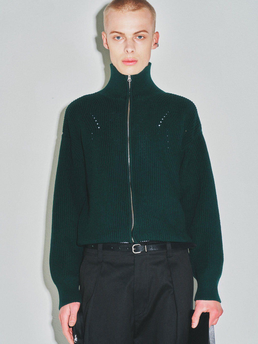 Italian Cotton Hard Twist Zip-up Knit_ Dark Green