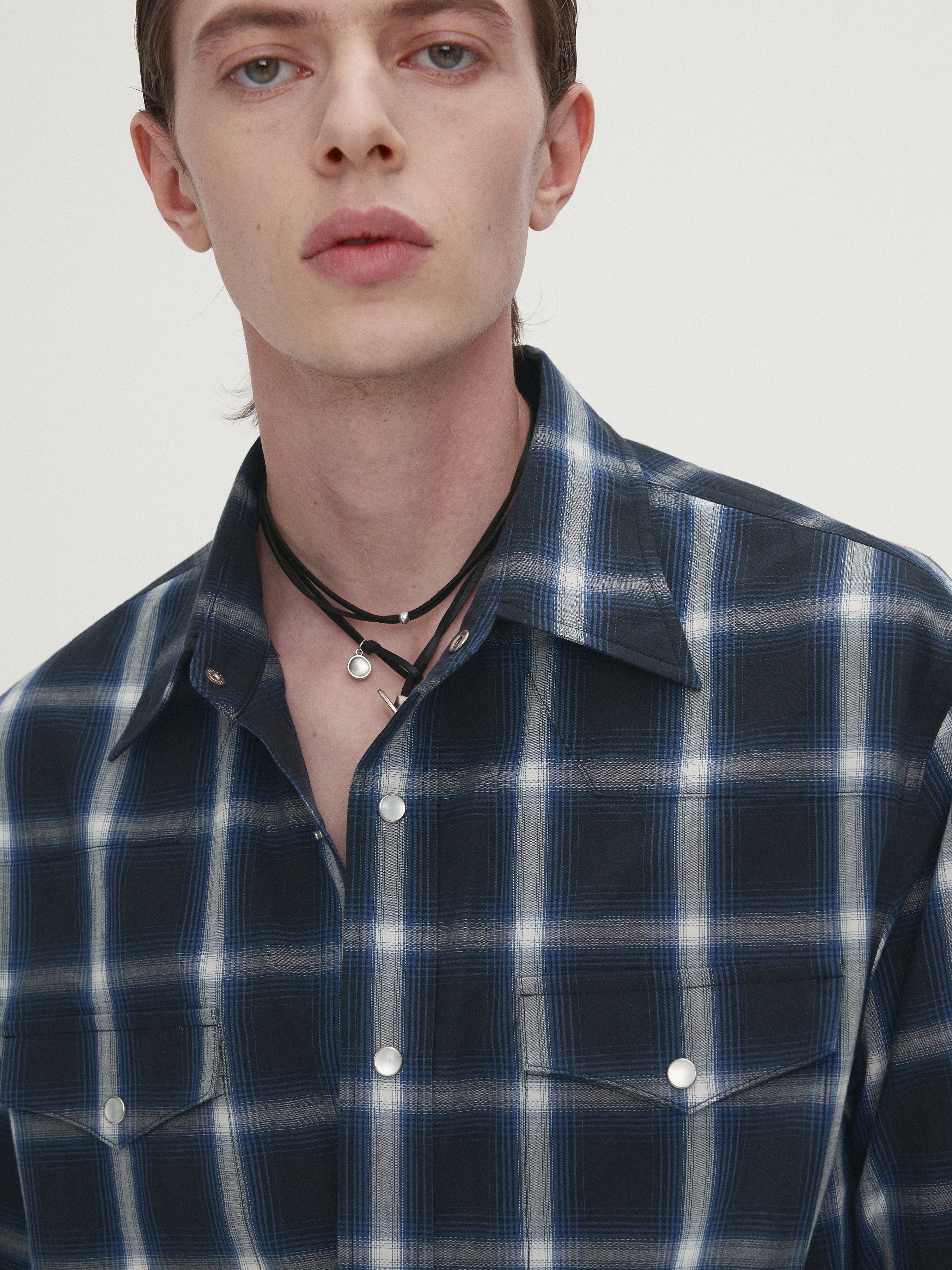CHECKED COTTON WESTERN SHIRT (JAPANESE FABRIC)_ NAVY/WHITE