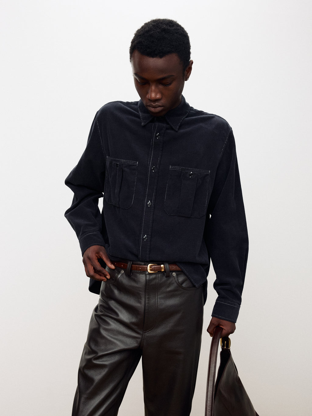 GARMENT-DYED CORDUROY DOUBLE POCKET SHIRT_ NAVY