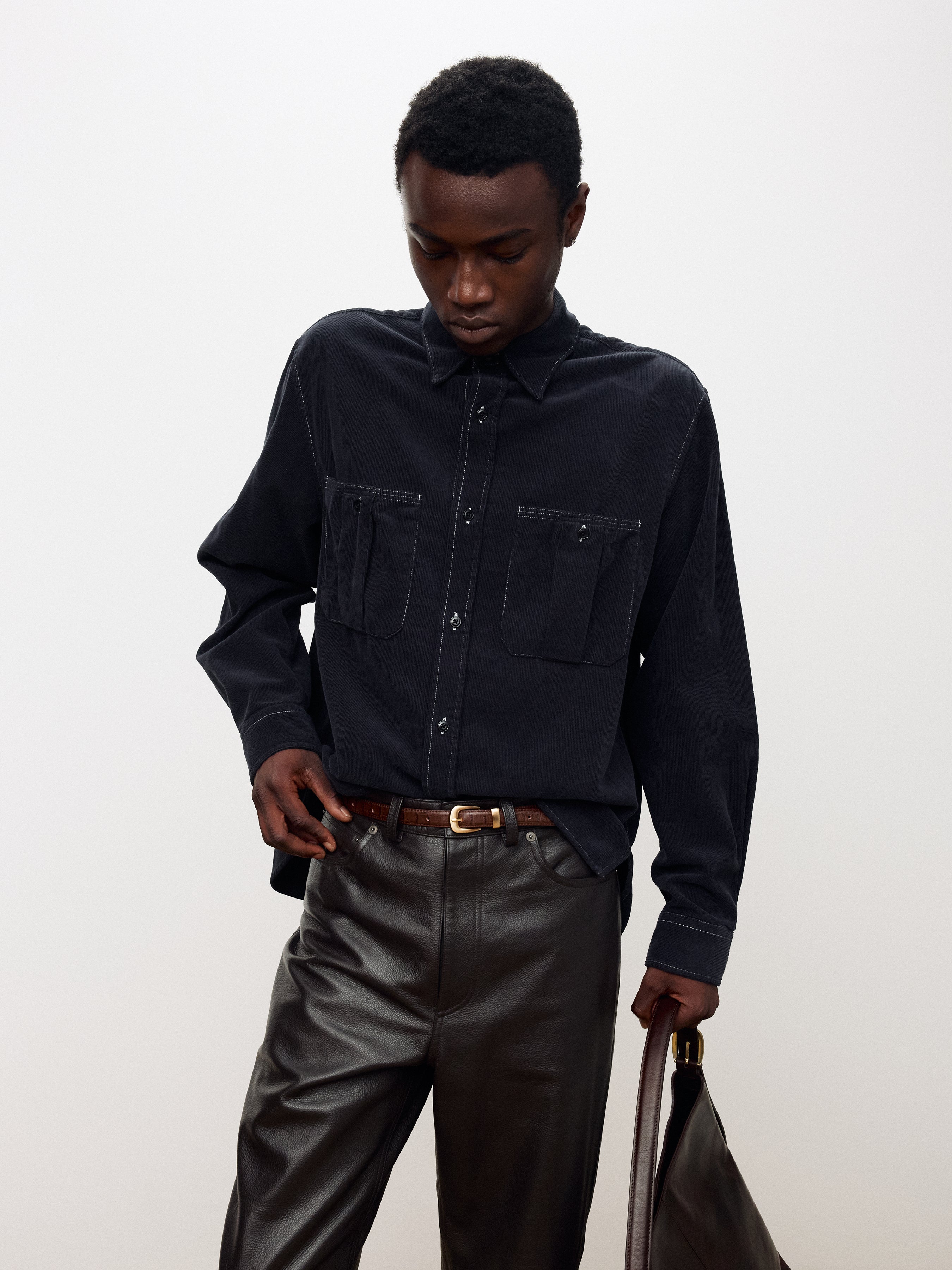 GARMENT-DYED CORDUROY DOUBLE POCKET SHIRT_ NAVY