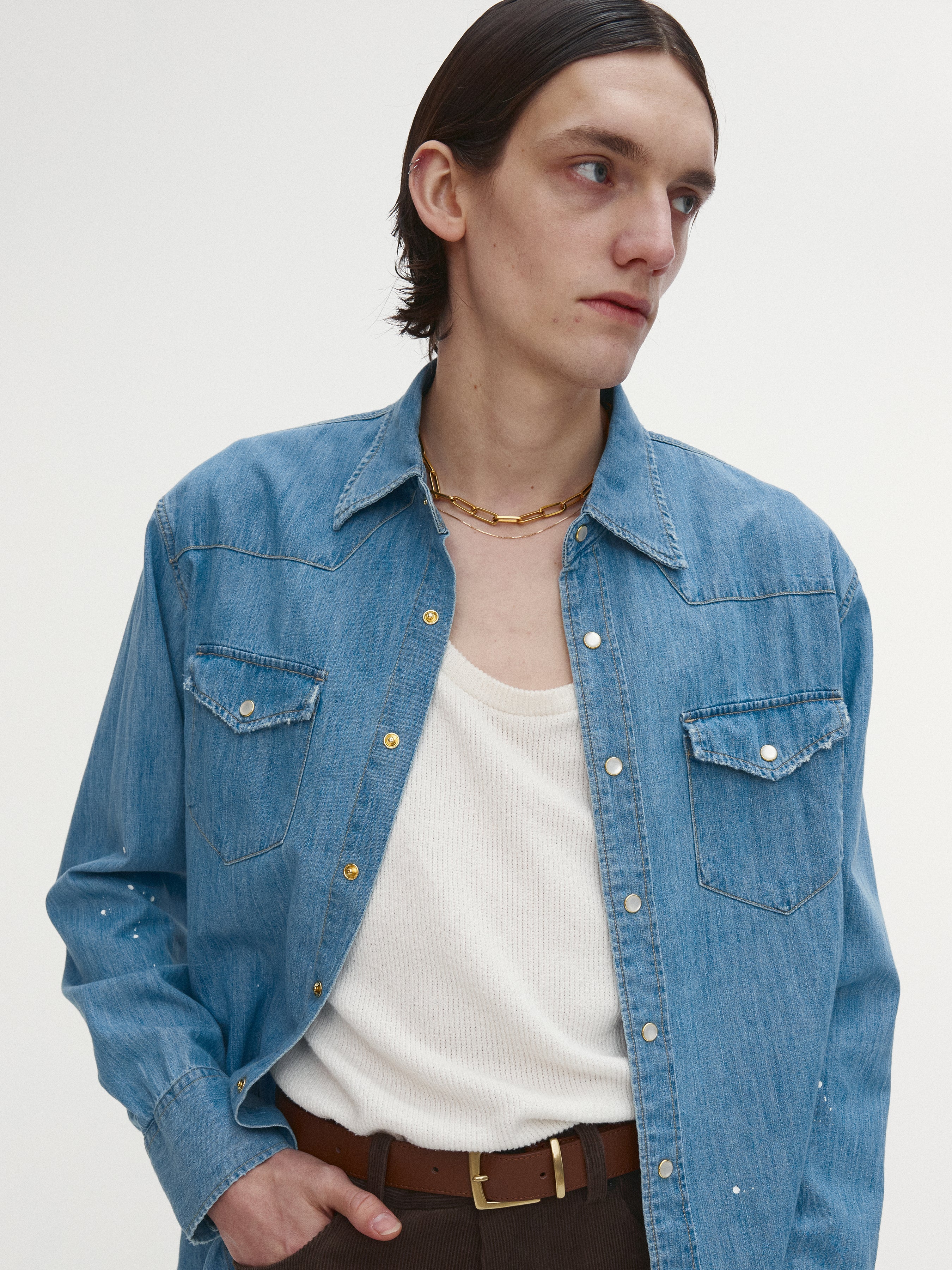WASHED DENIM HAND-PAINTED WESTERN SHIRT_ WASHED BLUE