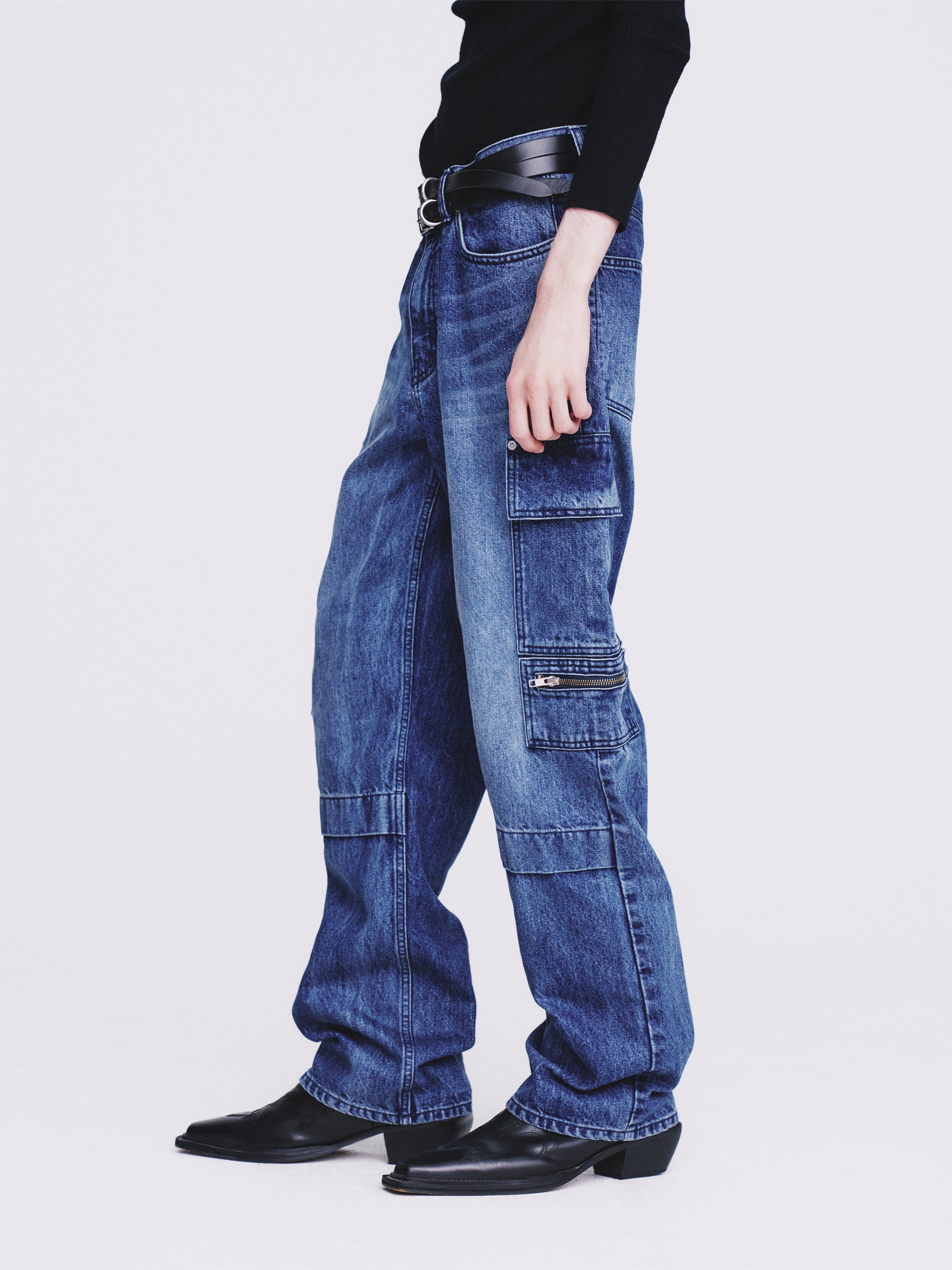 Relaxed Cut Denim Cargo Jeans_ Faded Mid Blue
