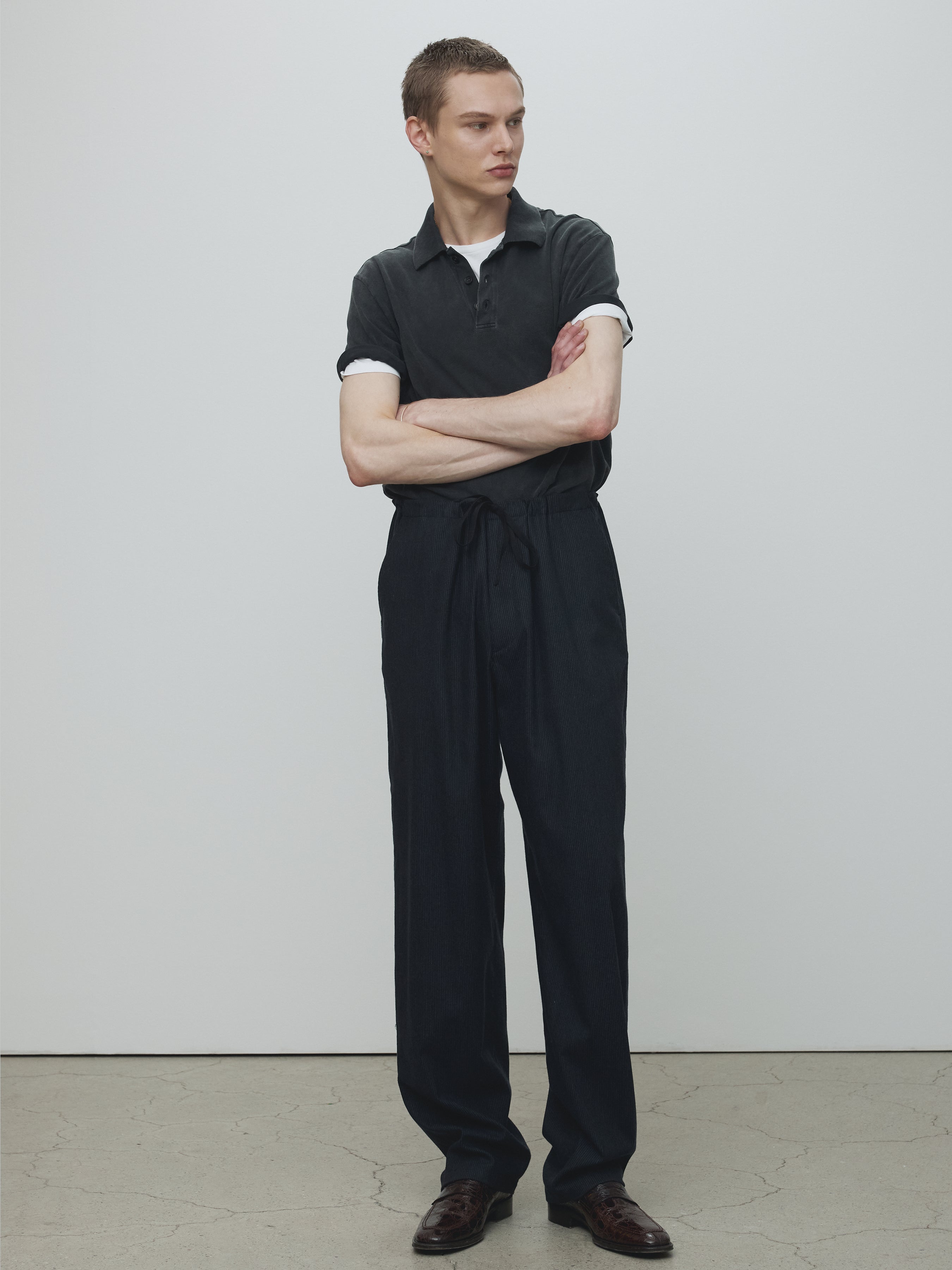 LIGHT WOOL COTTON DRAWSTRING TROUSERS_ NAVY STRIPE