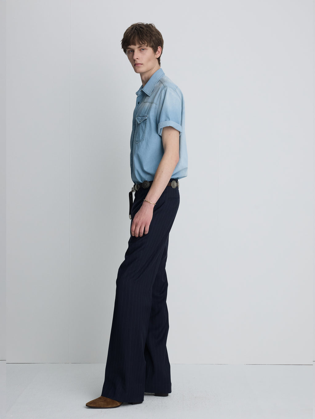 TROPICAL WOOL FLARED TROUSERS_ NAVY STRIPE