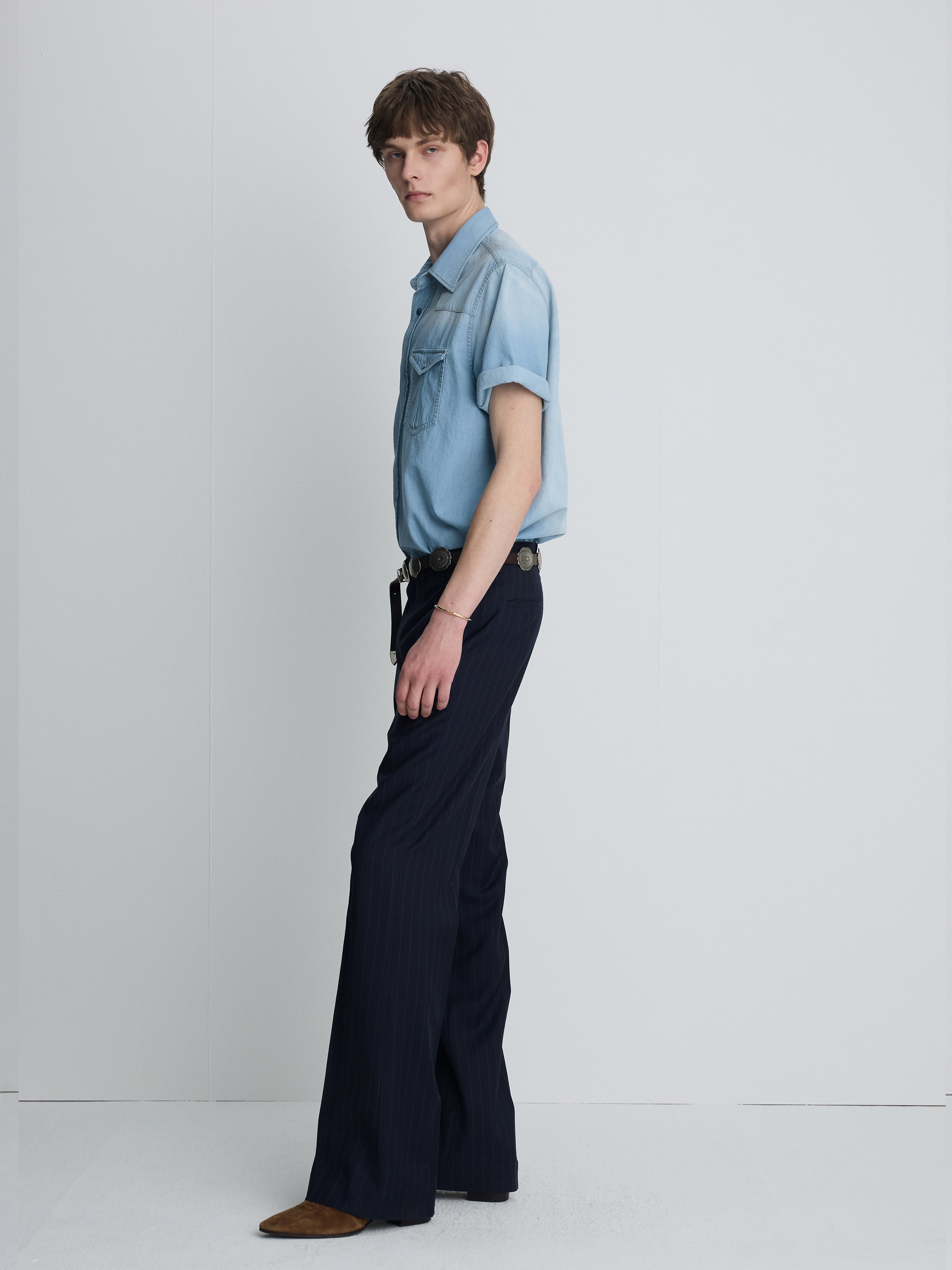 TROPICAL WOOL FLARED TROUSERS_ NAVY STRIPE