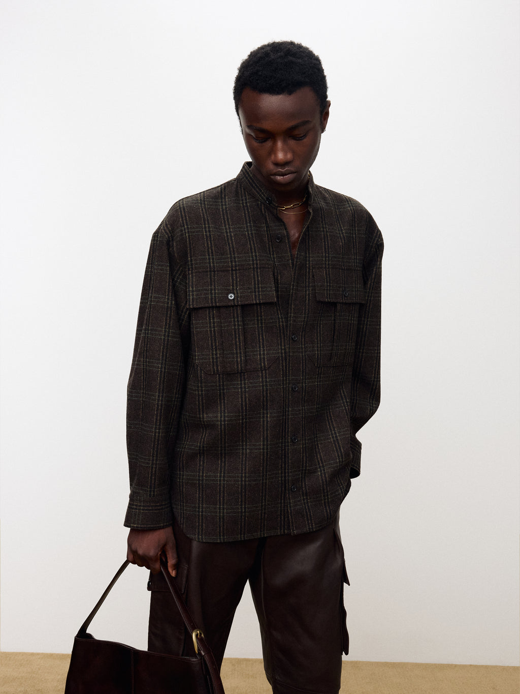 CHECKED WOOL OVERSIZED SHIRT_ DARK BROWN