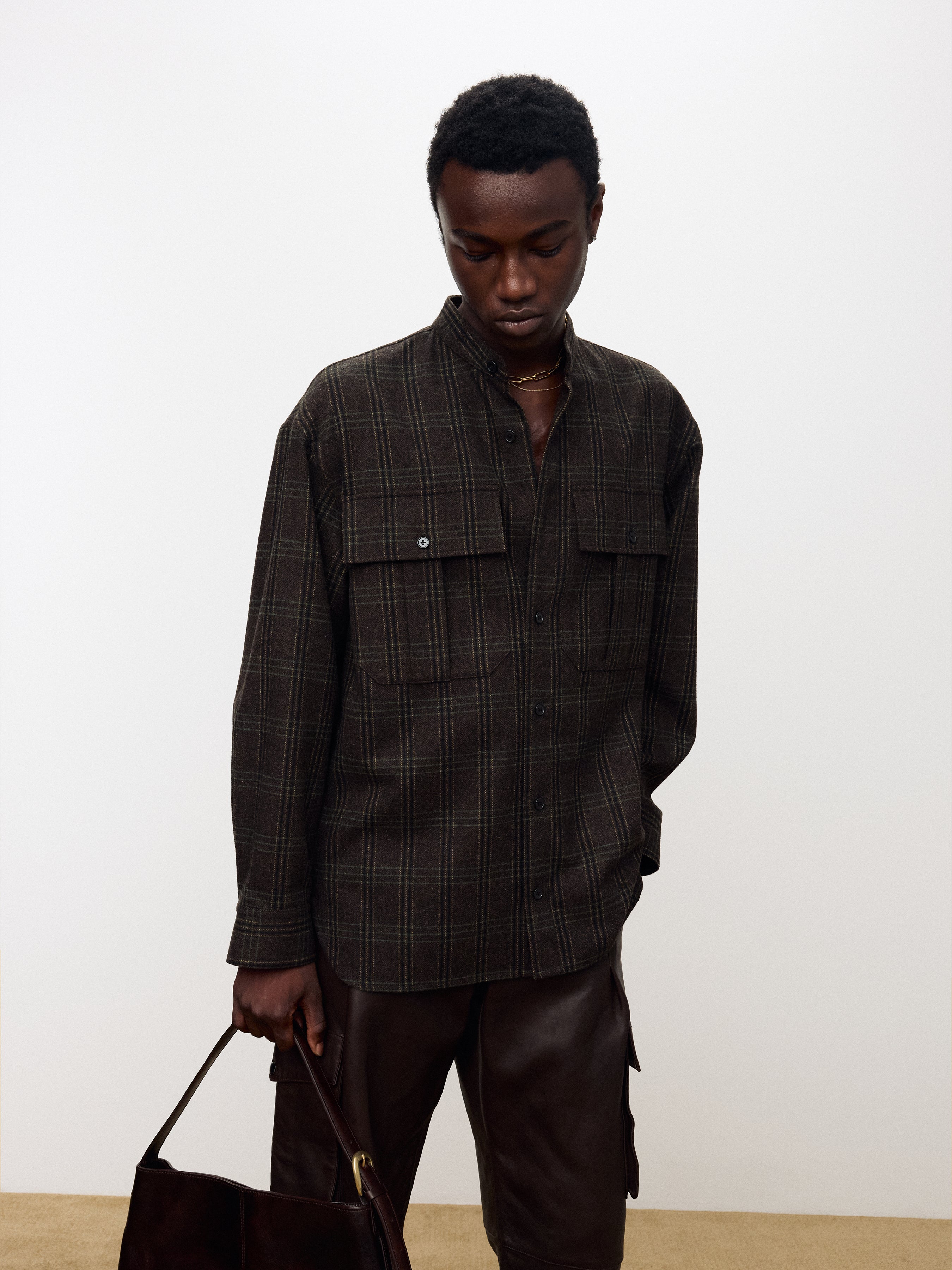 CHECKED WOOL OVERSIZED SHIRT_ DARK BROWN