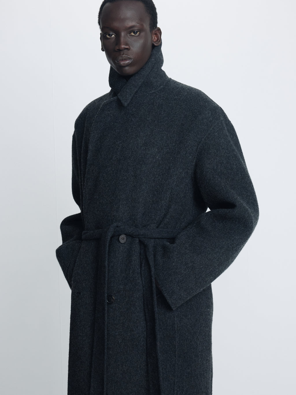 HAND-MADE WOOL BELTED DOUBLE COAT_ MELANGE CHARCOAL