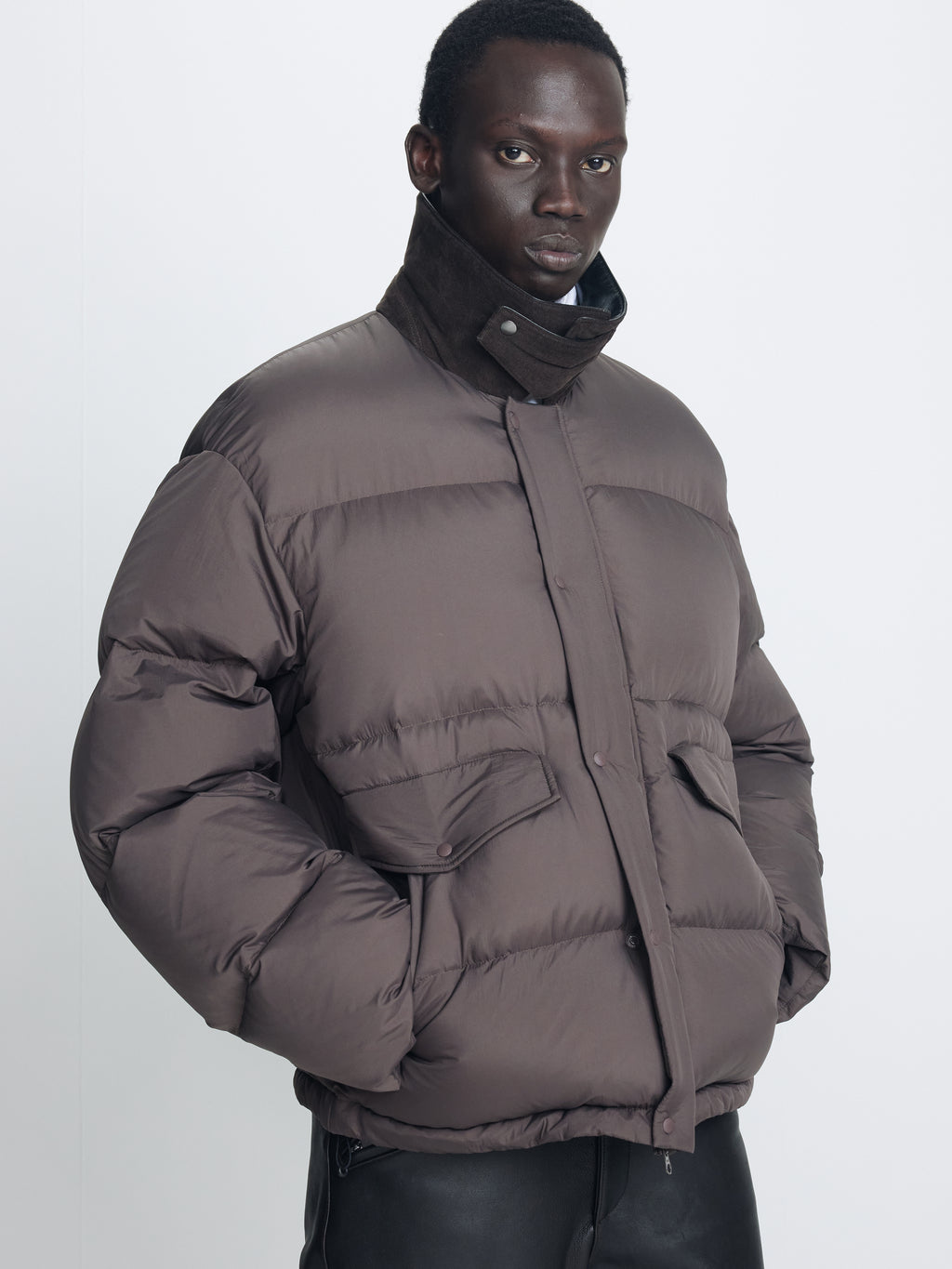 LEATHER COLLAR DOWN PUFFER BLOUSON_ DEEP BROWN
