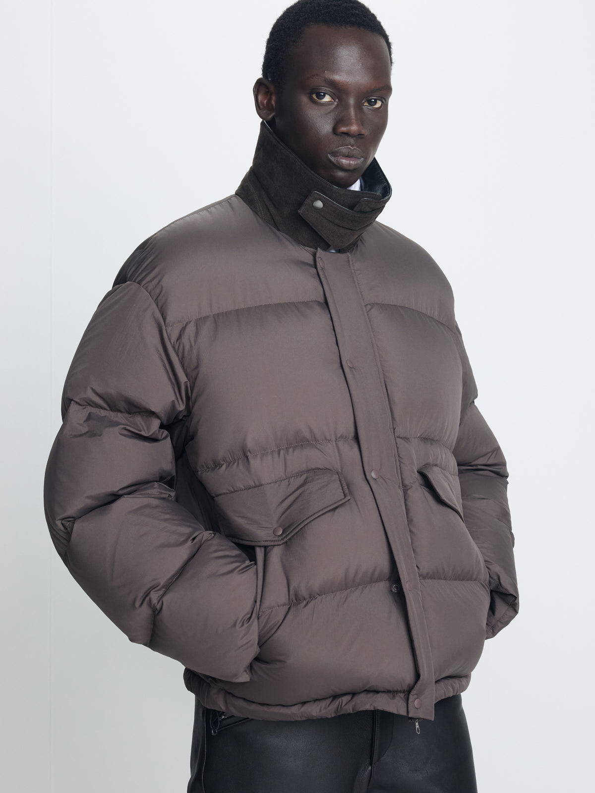 LEATHER COLLAR DOWN PUFFER BLOUSON_ DEEP BROWN