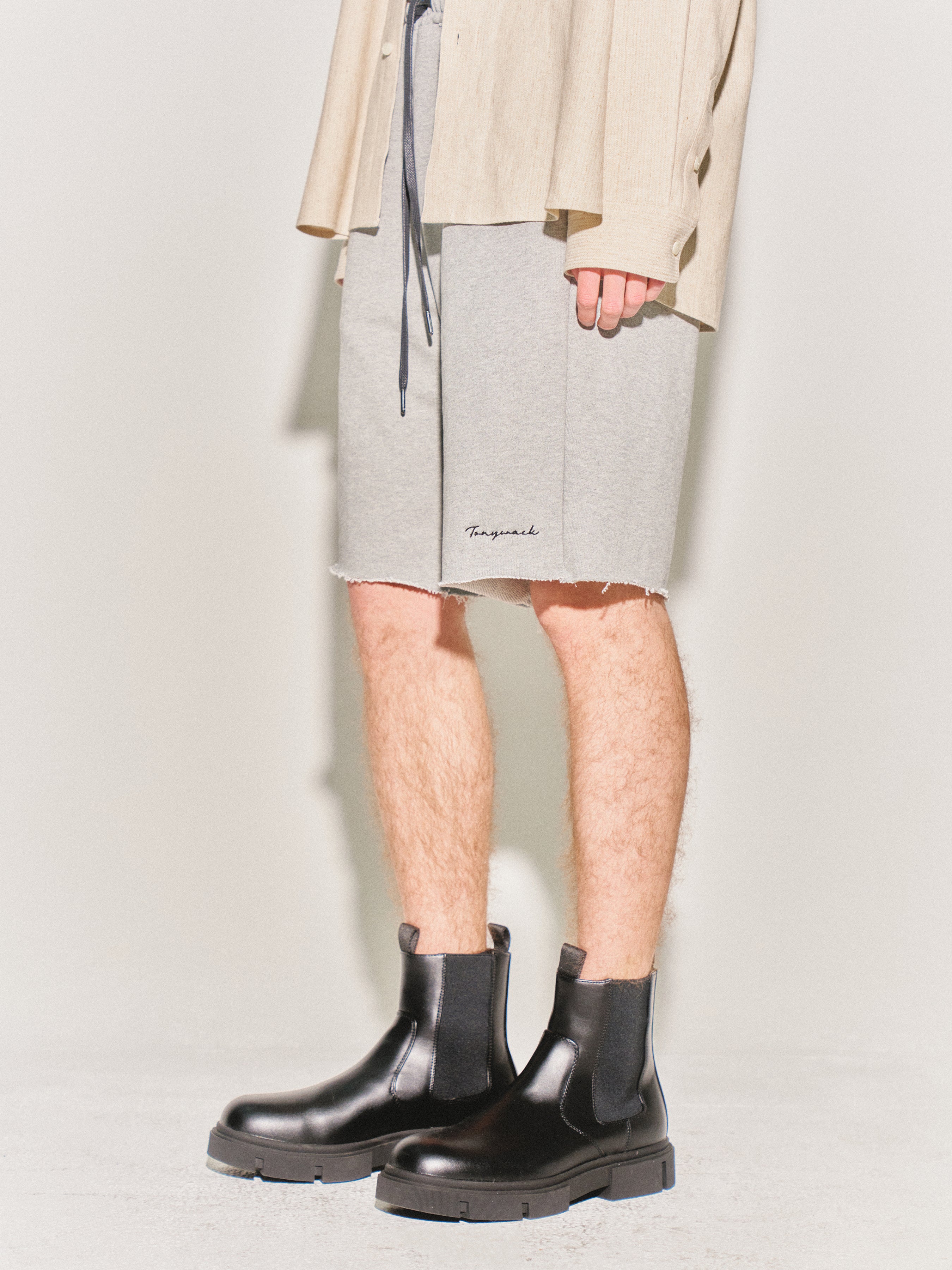 Heavyweight Brushed-Jersey Logo Embroidered Shorts_ Melange Grey