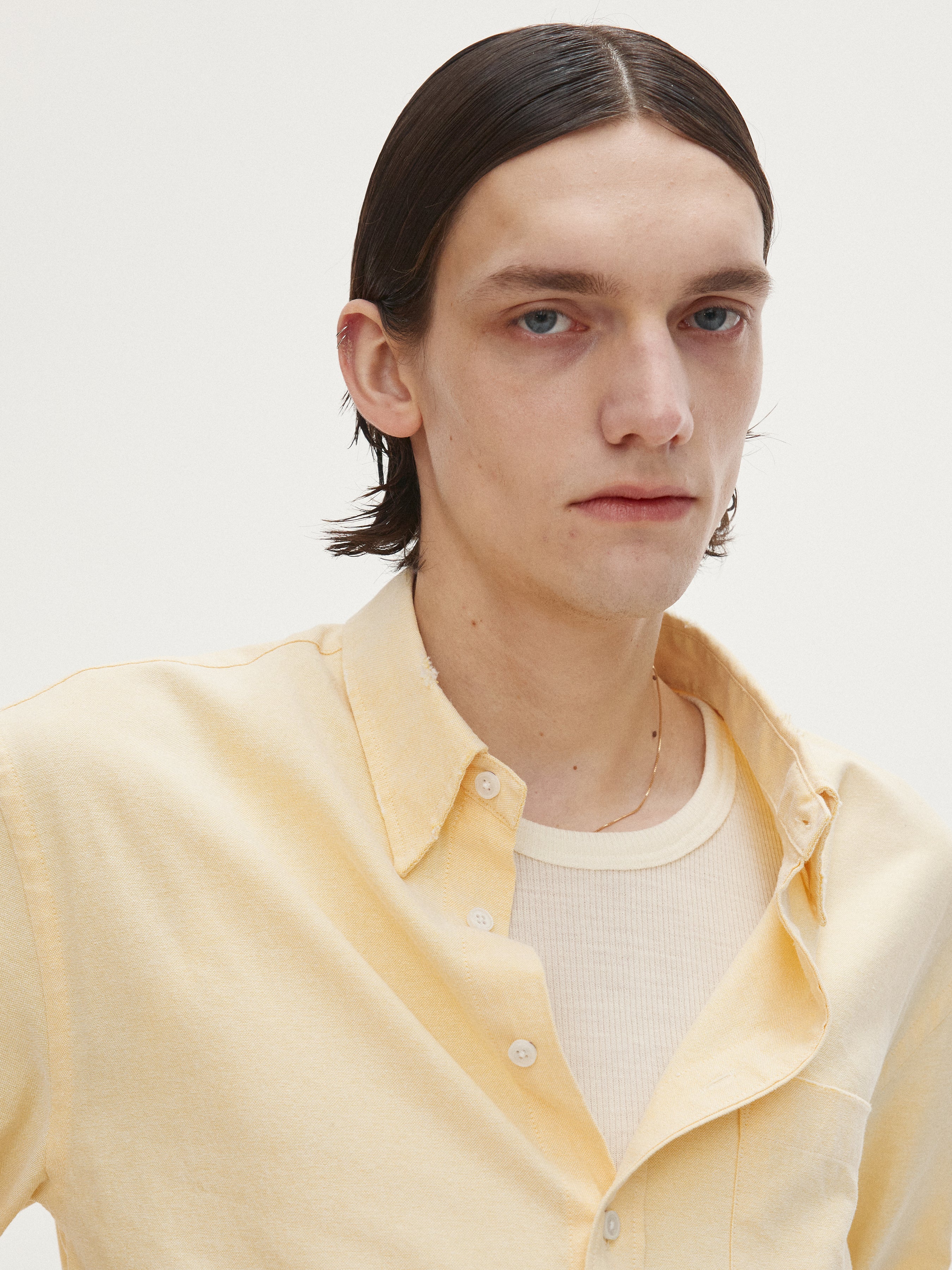 COTTON LYOCELL DISTRESSED OXFORD SHIRT_ PALE YELLOW