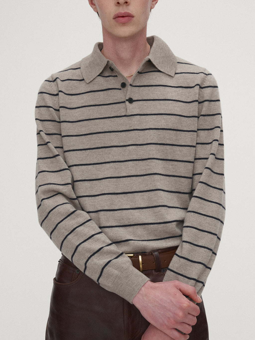 SUPER FINE WOOL STRIPE POLO KNIT_ BEIGE/NAVY