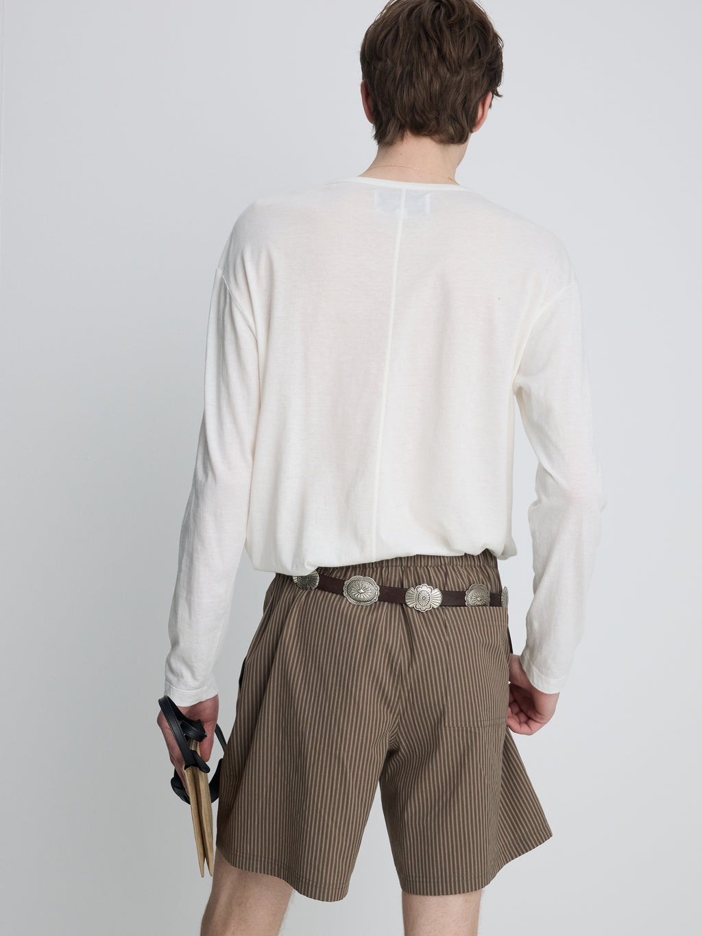 STRIPED COTTON LOUNGE SHORTS_ OLIVE BROWN