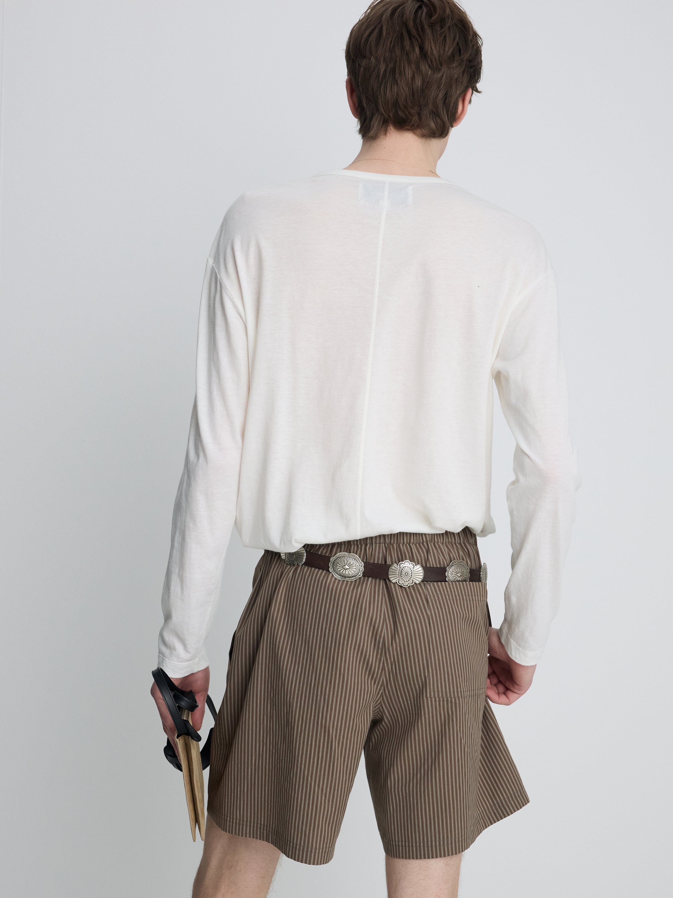 STRIPED COTTON LOUNGE SHORTS_ OLIVE BROWN