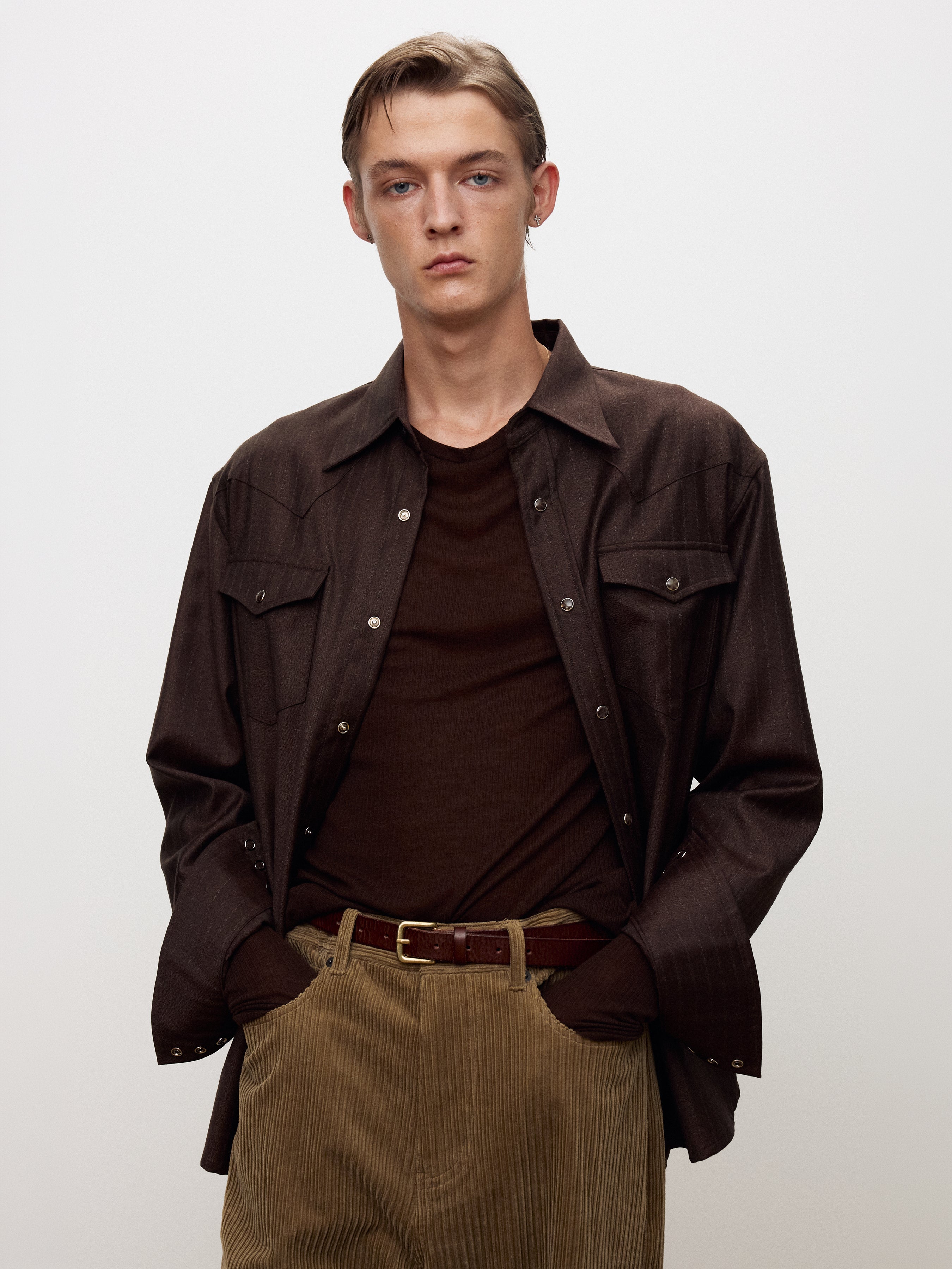 STRIPED WOOL WESTERN SHIRT_ SEPIA BROWN