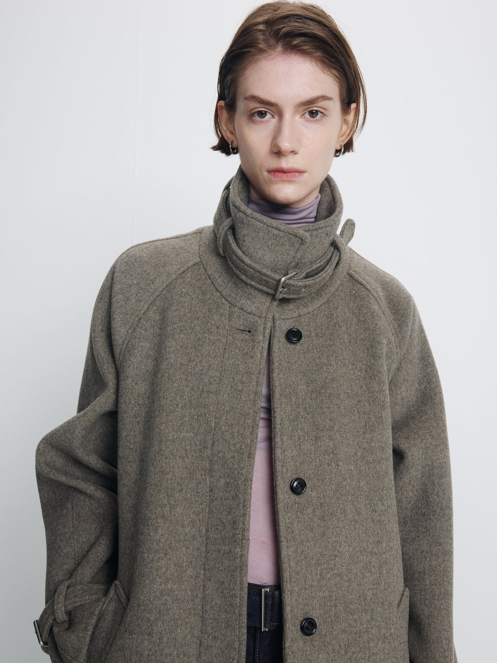 (W) HIGH-NECK BELTED WOOL COAT_ HEATHER GREY