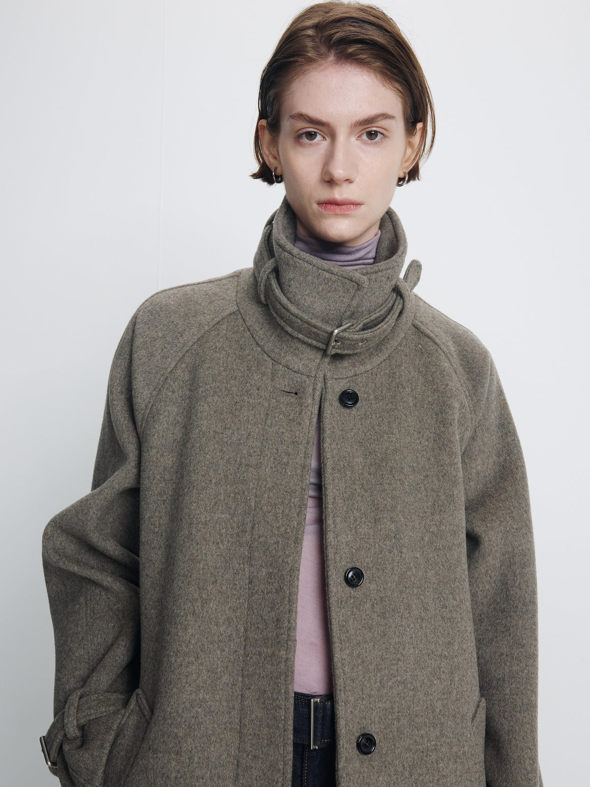 (W) HIGH-NECK BELTED WOOL COAT_ HEATHER GREY