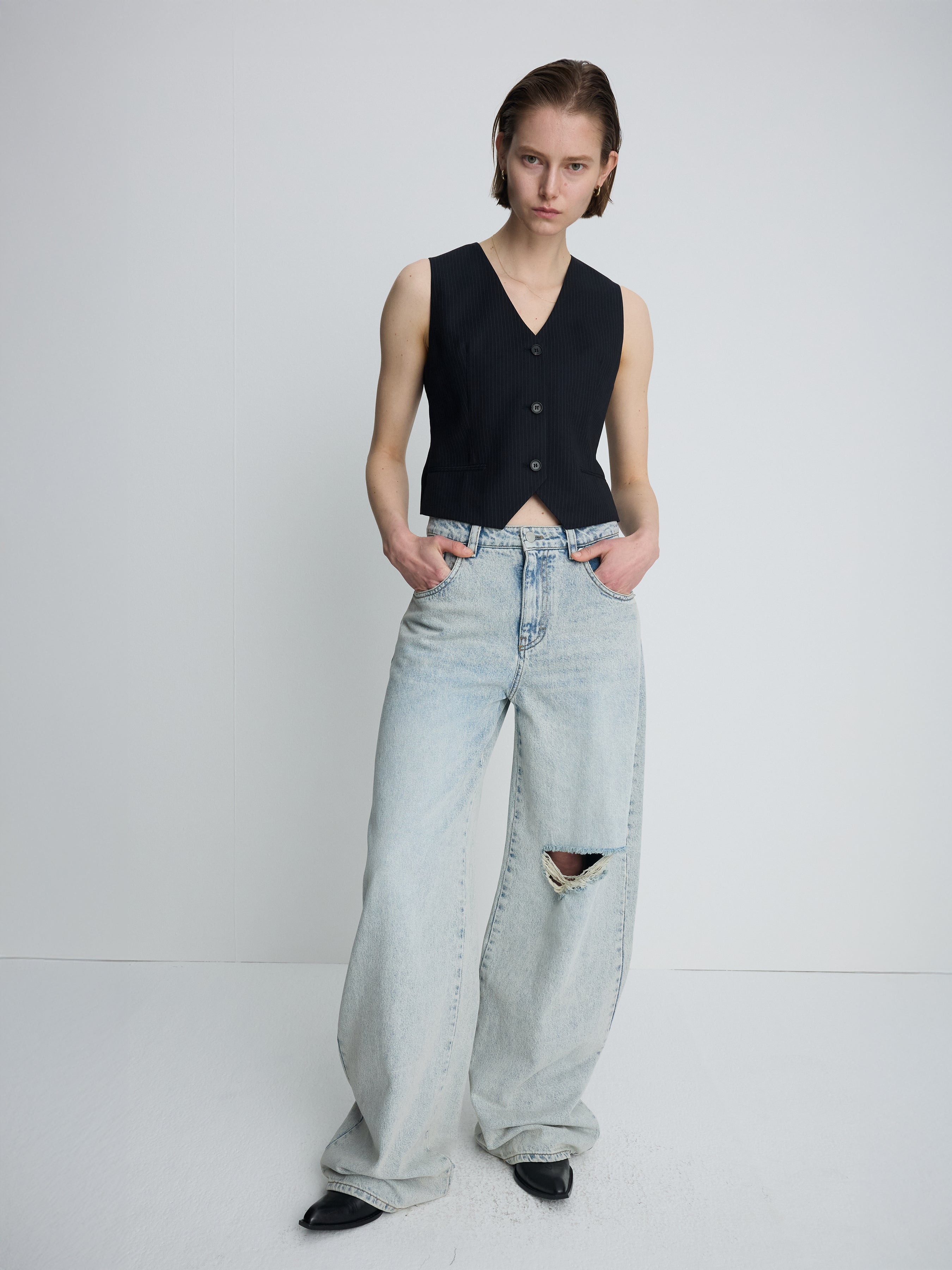 (W) WOOL TAILORED VEST_ NAVY PINSTRIPE