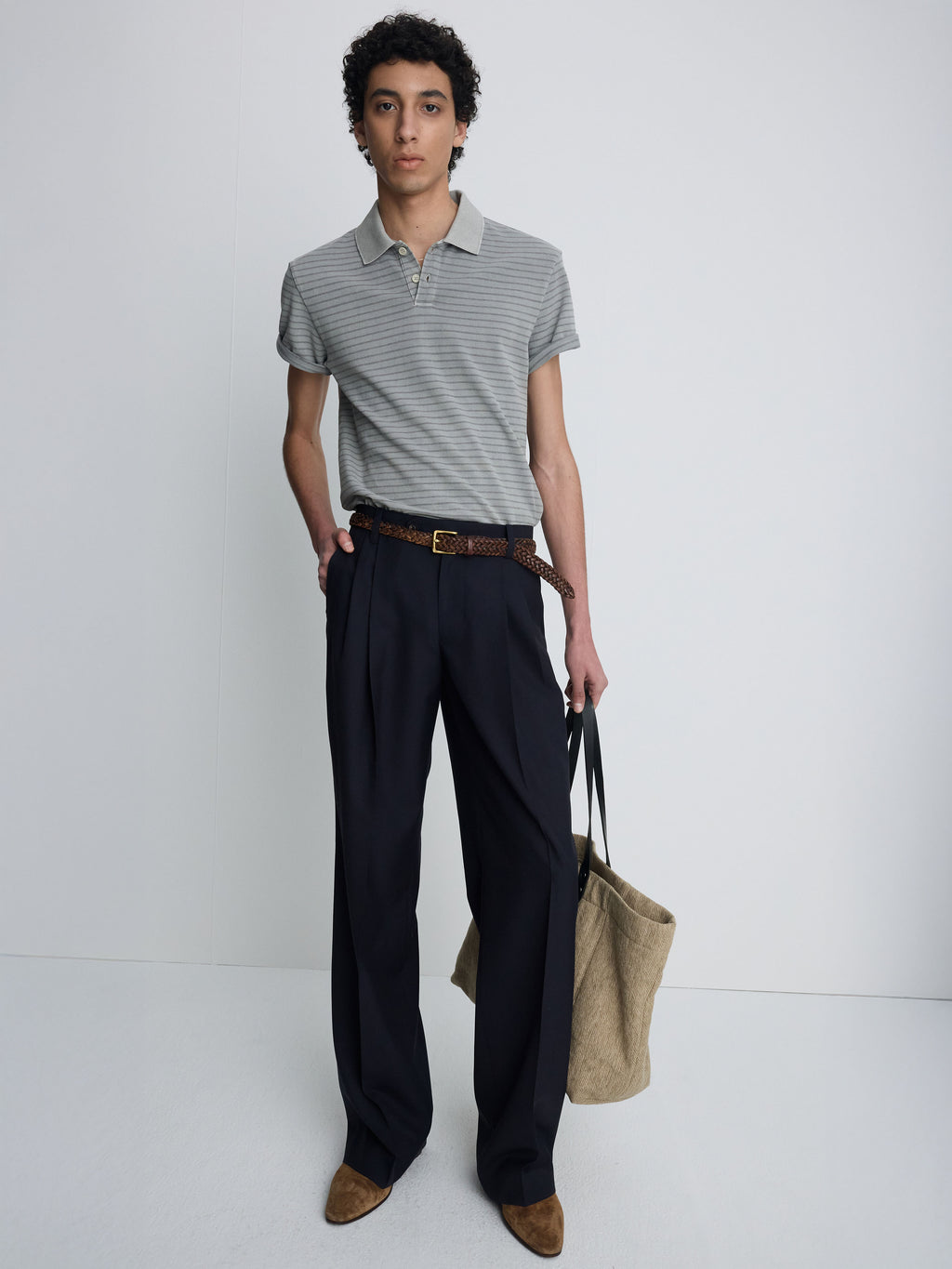 LEATHER HANDLE CANVAS TOTE BAG_ BEIGE KHAKI