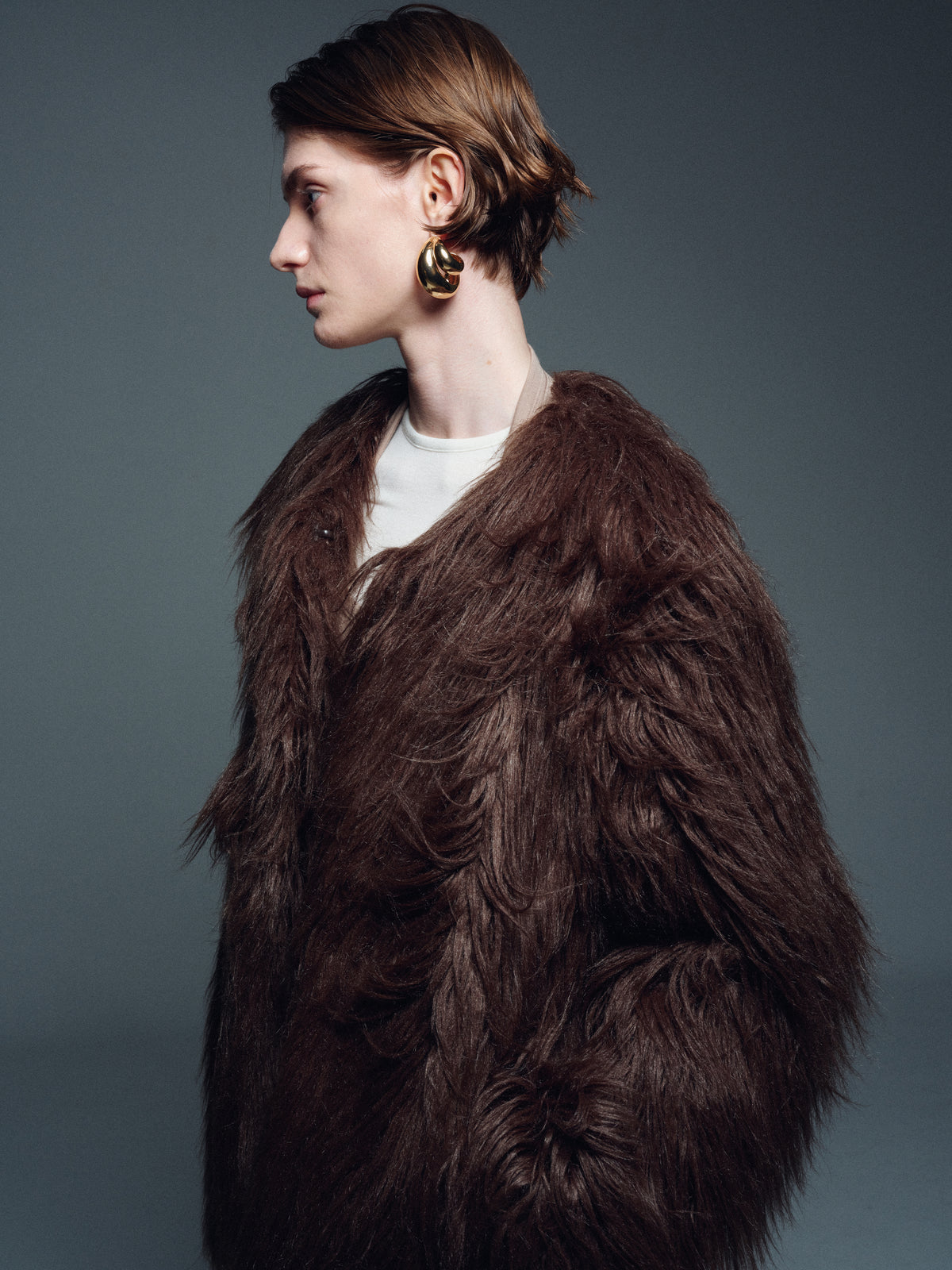 (W) LONG HAIR FAUX FUR JACKET_ BROWN