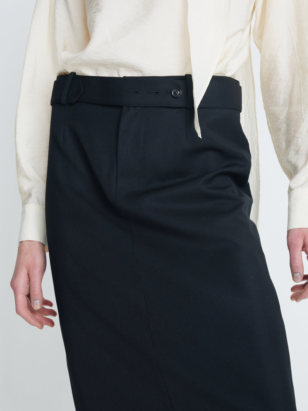 (W) WOOL BELTED MAXI SKIRT_ BLACK