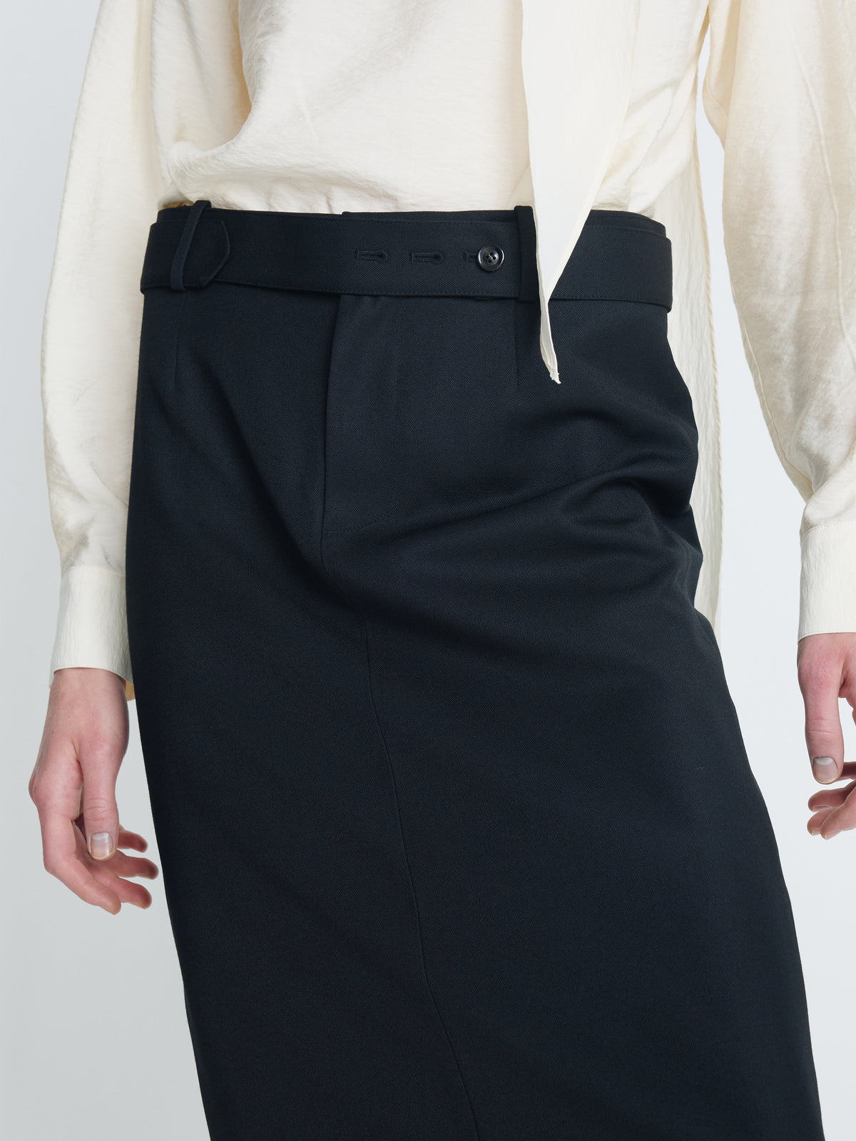 (W) WOOL BELTED MAXI SKIRT_ BLACK