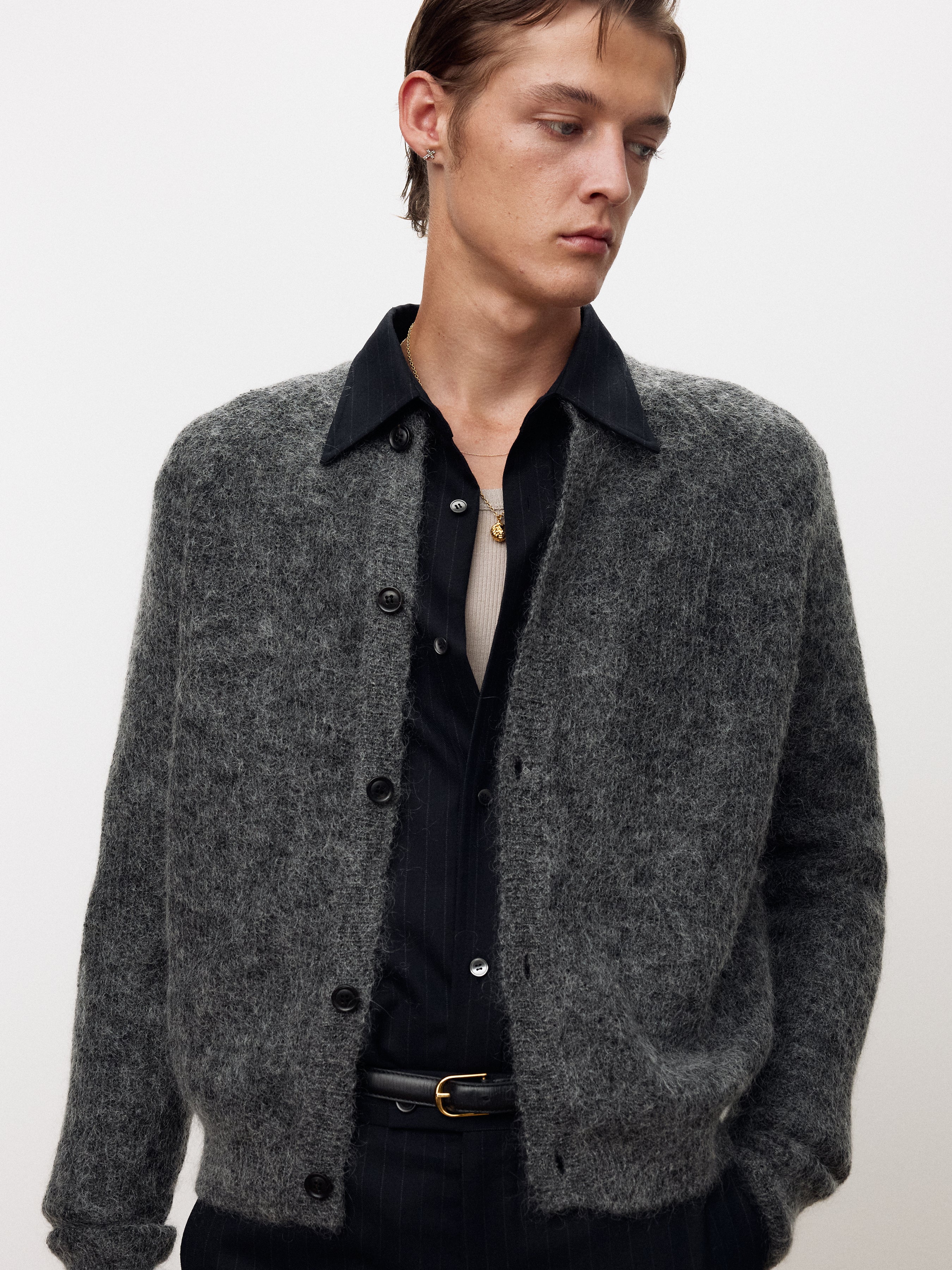 WOOL AND MOHAIR RIBBED MESH CARDIGAN_ MELANGE GREY