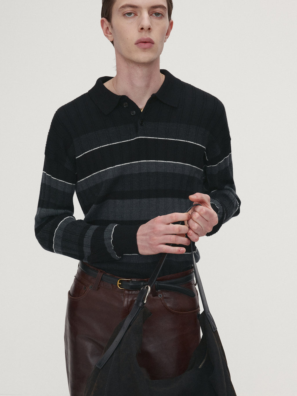 SUPER FINE WOOL RIBBED STRIPE POLO KNIT_ BLACK/GREY