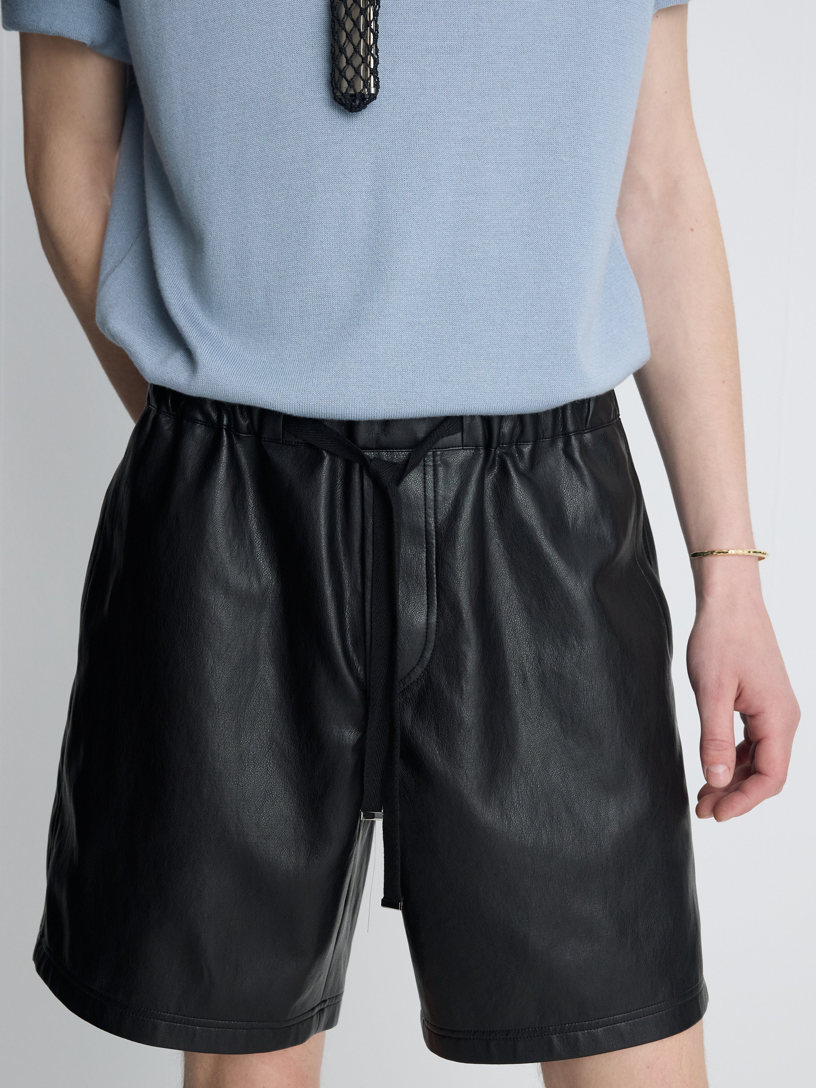 FAUX LEATHER LOUNGE SHORTS_  BLACK
