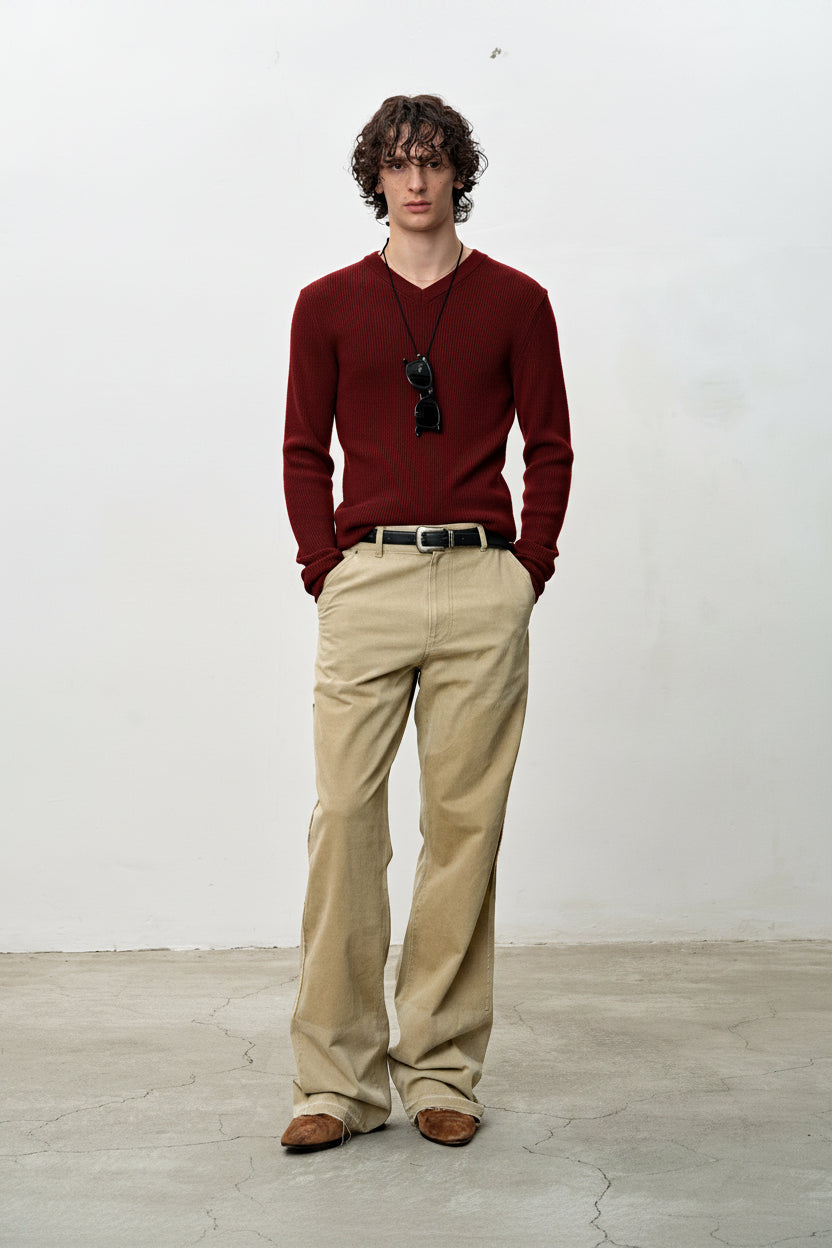 VINTAGE EFFECT FLARED CARPENTER PANTS_ FADED BEIGE