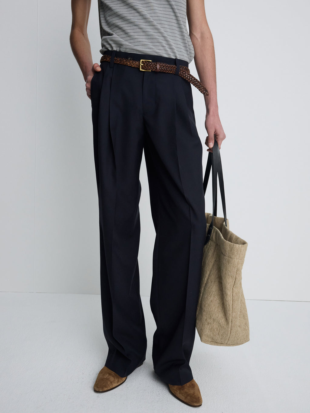 LEATHER HANDLE CANVAS TOTE BAG_ BEIGE KHAKI