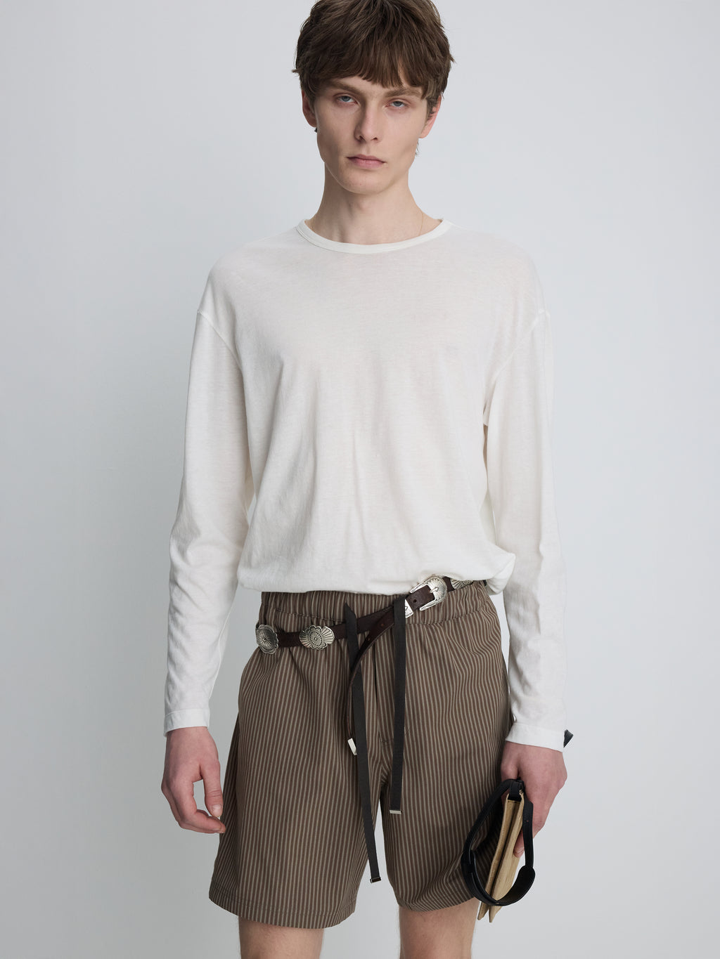 STRIPED COTTON LOUNGE SHORTS_ OLIVE BROWN